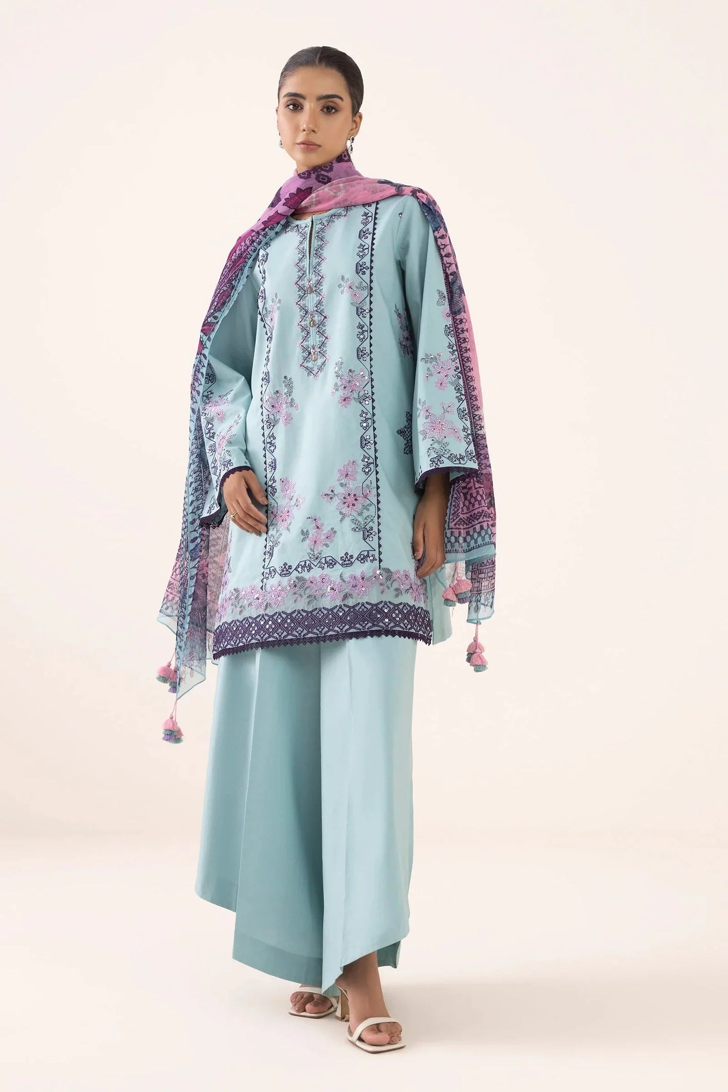 SAPPHIRE - 3PC DHANAK EMBROIDERED SHIRT WITH TWILL PRINTED SHAWL AND TROUSER - HZU2489