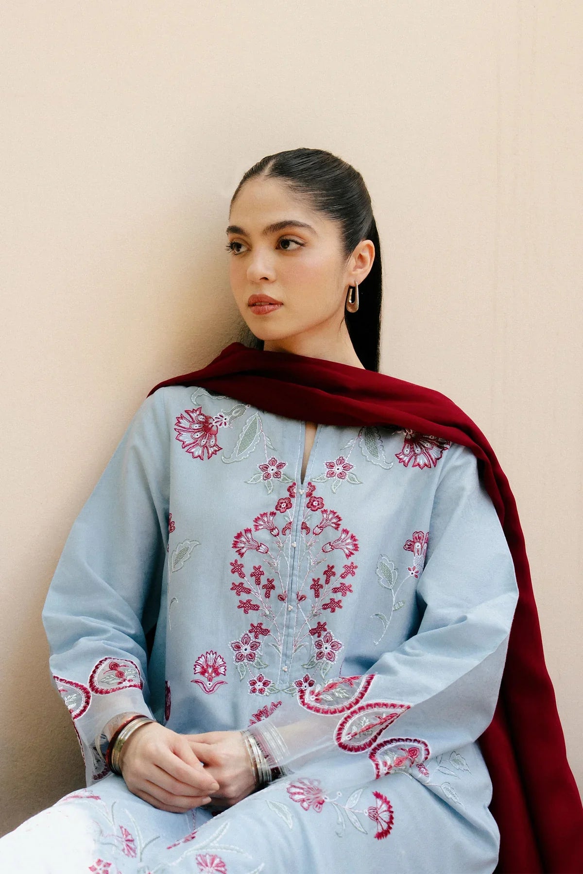 ZARA SHAH JAHAN - 3PC DHANAK EMBROIDERED SHIRT WITH DHANAK EMBROIDERED SHAWL AND TROUSER - HZG2329