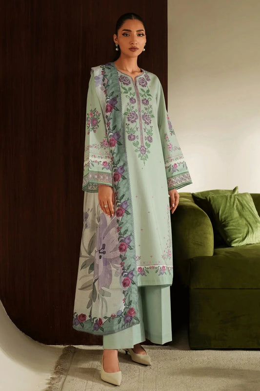 SERAN - 3PC DHANAK EMBROIDERED SHIRT WITH TWILL PRINTED SHAWL AND TROUSER - HZU2536