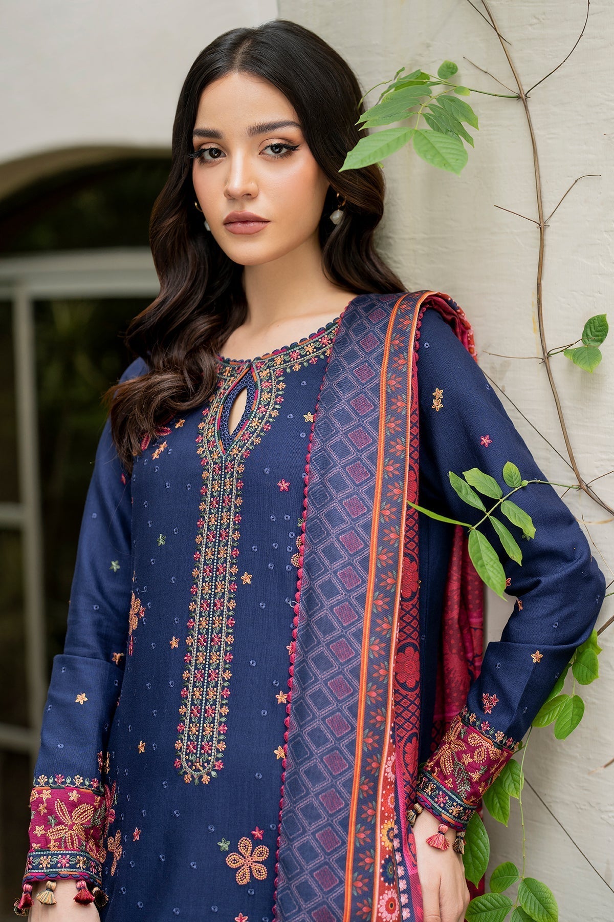 JAZMIN - 3PC KHADDAR EMBROIDERED SHIRT WITH TWILL PRINTED SHAWL AND TROUSER - HZG1828