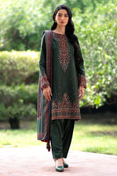 JAZMIN - 3PC DHANAK SEQUIN EMBROIDERED SHIRT WITH TWILL PRINTED SHAWL AND TROUSER - HZG1885