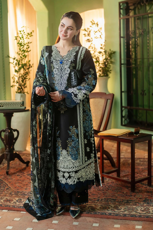 JADE - 3PC DHANAK EMBROIDERED SHIRT WITH TWILL PRINTED SHAWL AND TROUSER - HZG2401