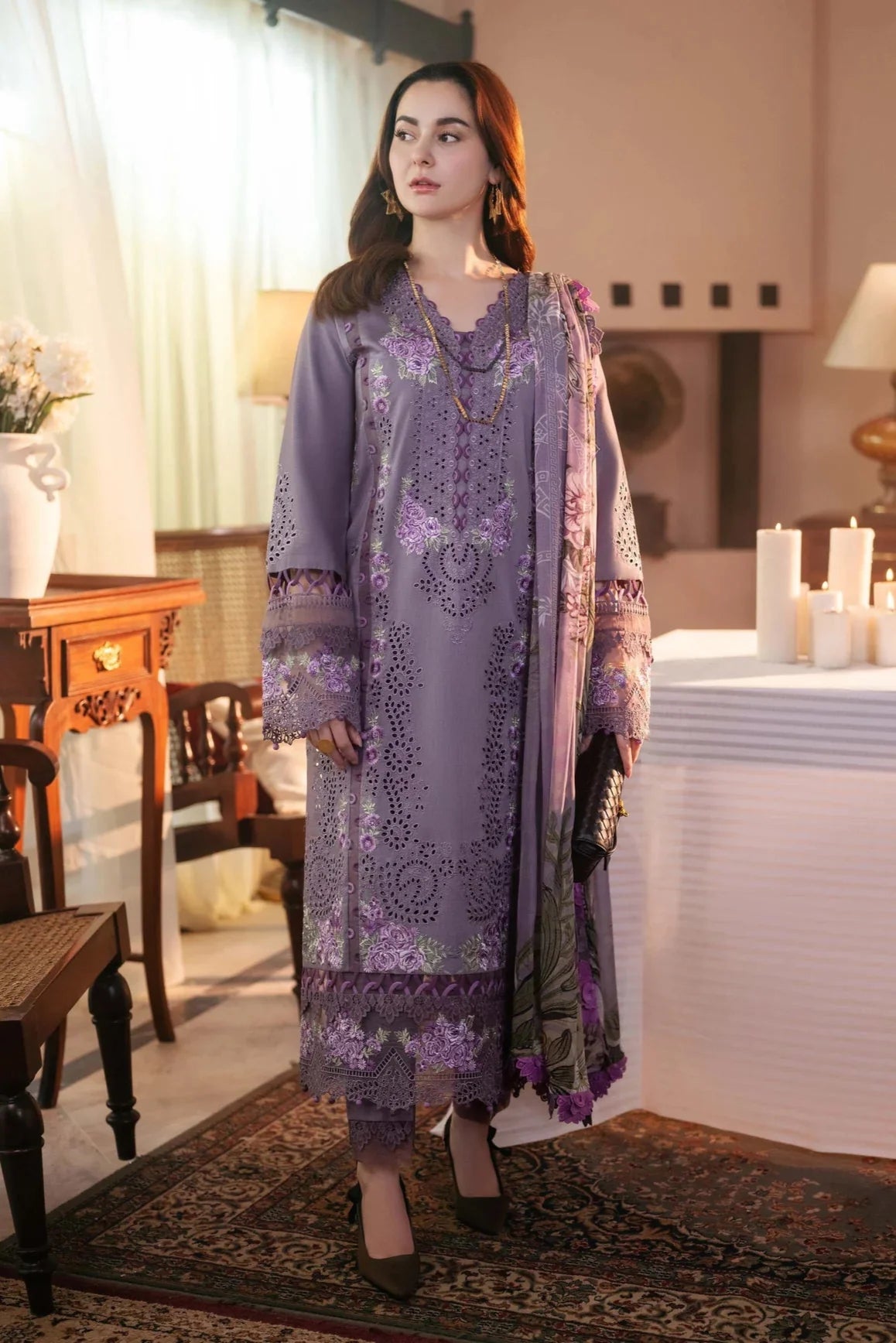JADE - 3PC LAWN CHIKANKAARI EMBROIDERED SHIRT WITH CHIFFON PRINTED DUPATTA AND TROUSER - HZG2202