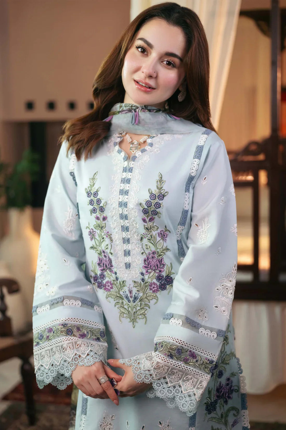 JADE - 3PC LAWN EMBROIDERED SHIRT WITH CHIFFON PRINTED DUPATTA AND TROUSER - HZG2208