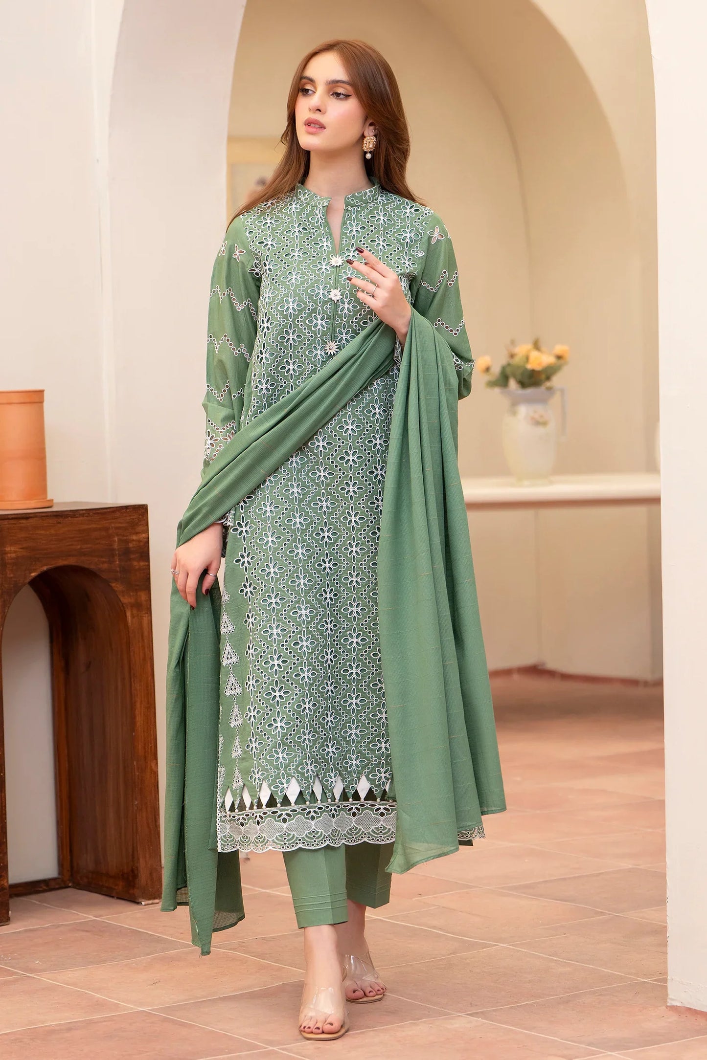 MIRAKHI - 3PC LAWN CHIKANKAARI EMBROIDERED SHIRT WITH LAWN TUBE SLUB DUPATTA AND TROUSER - HZG2234