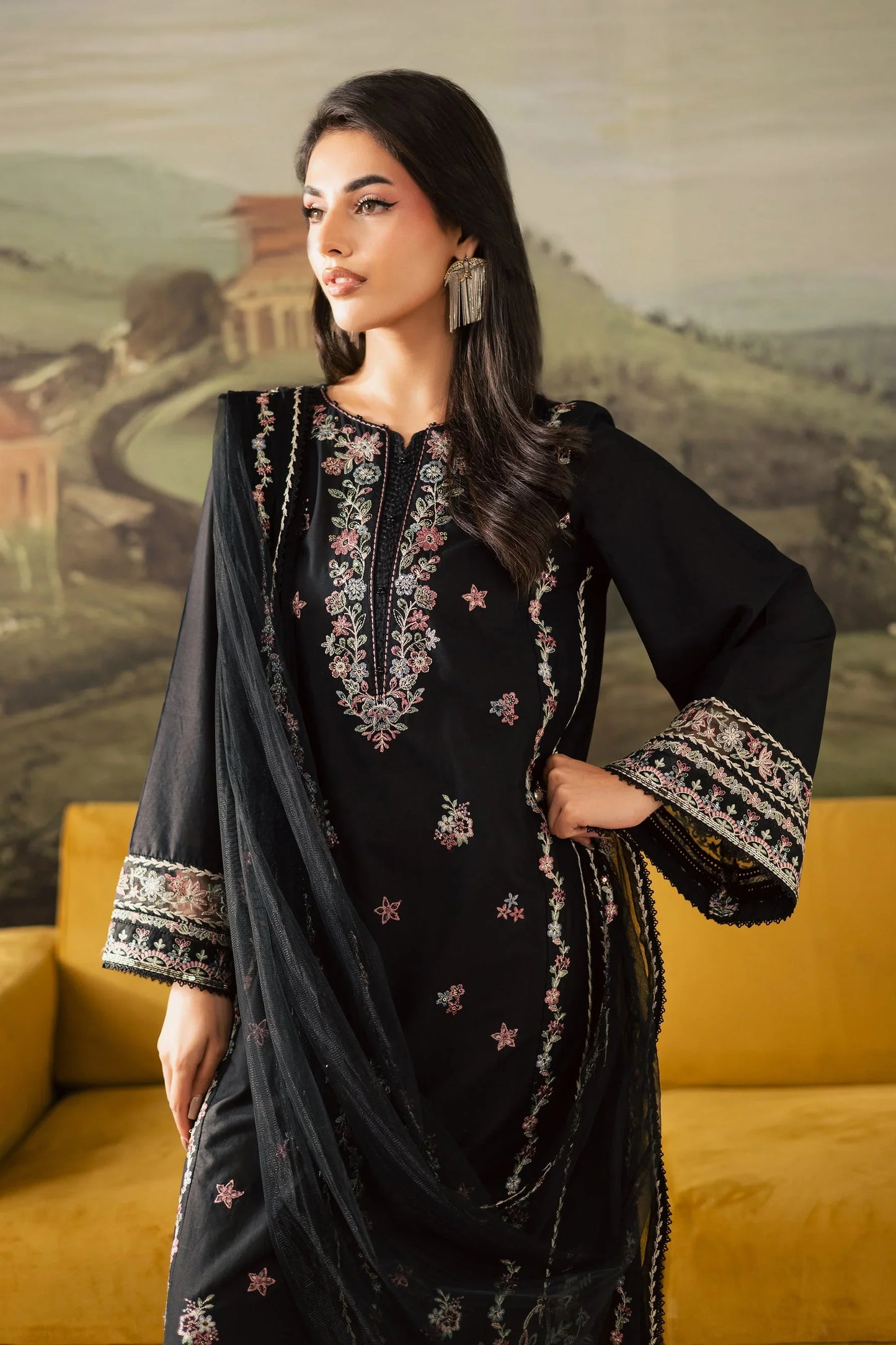 BATIK - 3PC DHANAK EMBROIDERED SHIRT WITH CHIFFON EMBROIDERED DUPATTA AND TROUSER - HZU2494