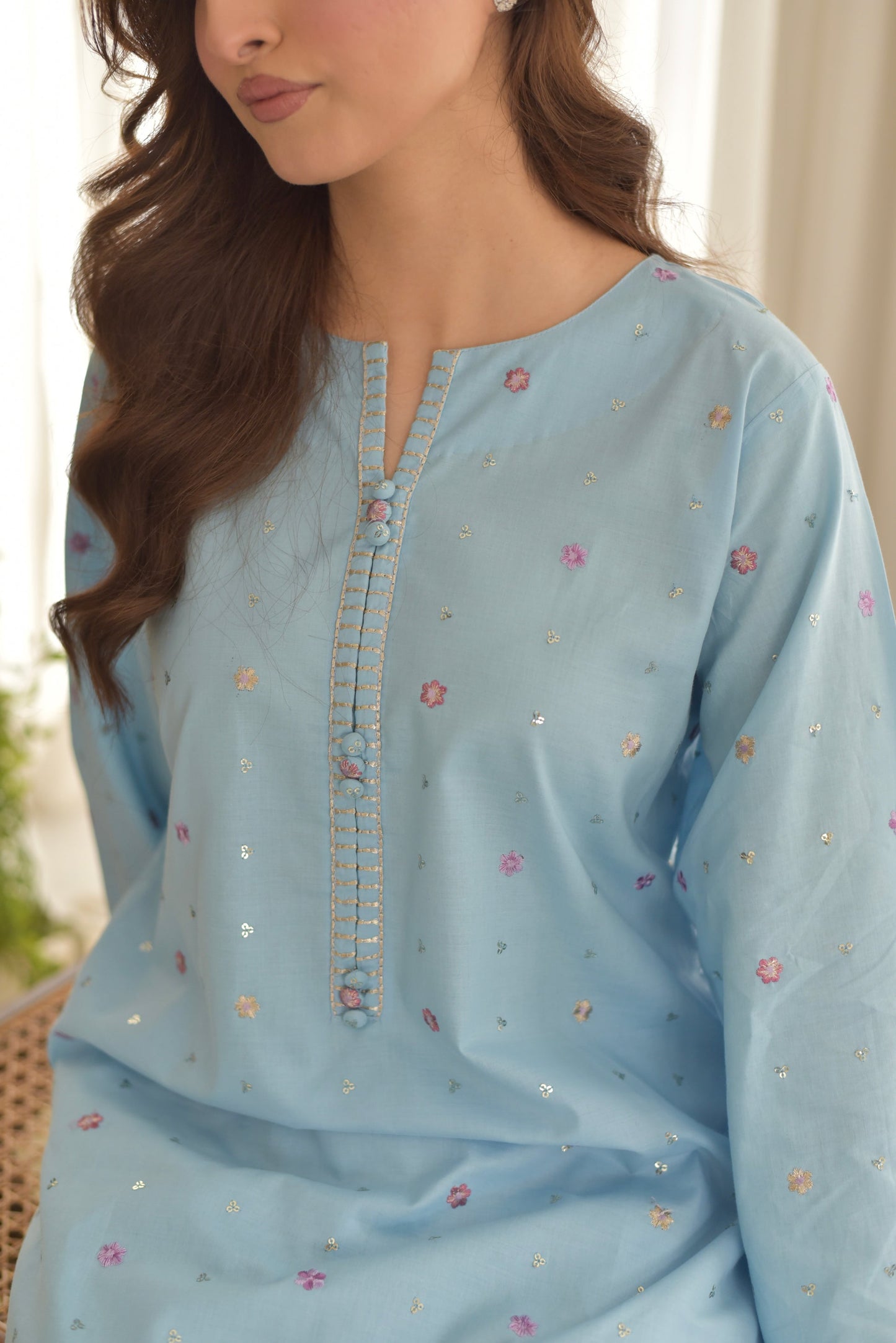 AISLING - 3PC DHANAK EMBROIDERED SHIRT WITH CHIFFON PRINTED DUPATTA AND TROUSER - HZU2533