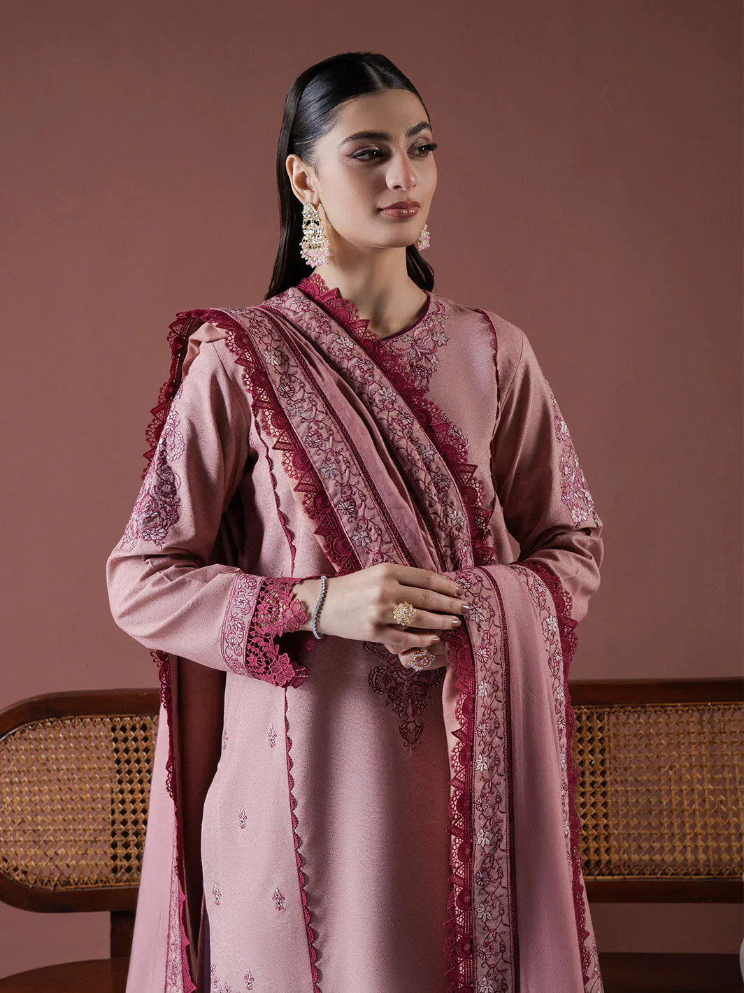 ASIM JOFA - 3PC DHANAK EMBROIDERED SHIRT WITH DHANAK EMBROIDERED SHAWL AND TROUSER - HZG2377