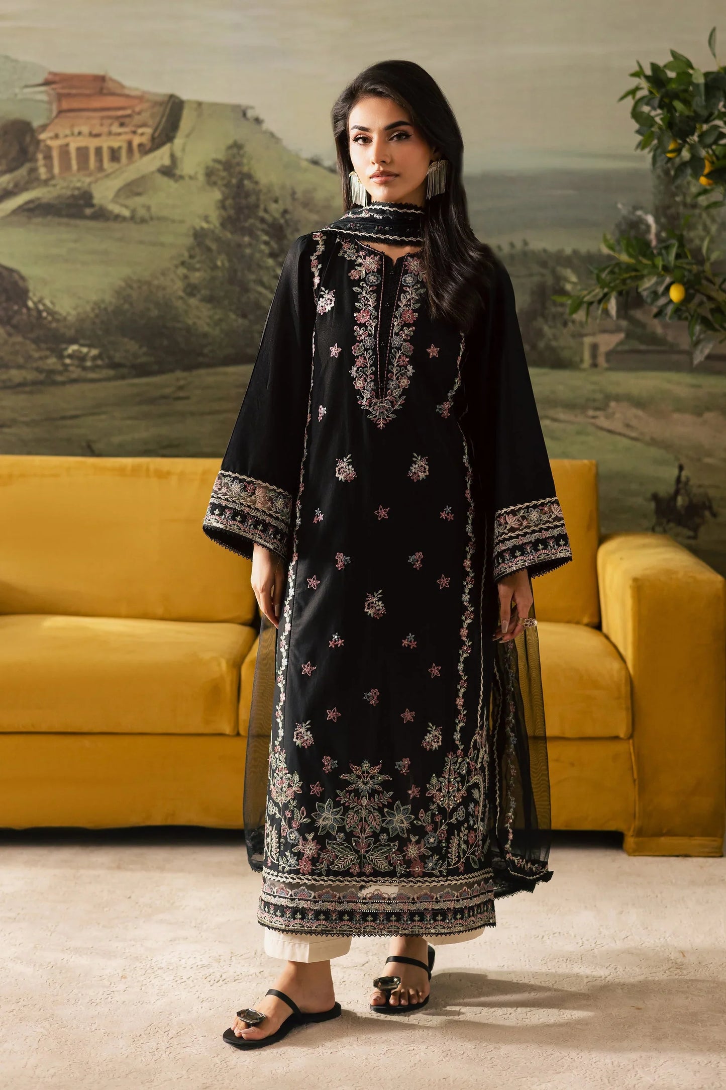 BATIK - 3PC DHANAK EMBROIDERED SHIRT WITH CHIFFON EMBROIDERED DUPATTA AND TROUSER - HZU2494