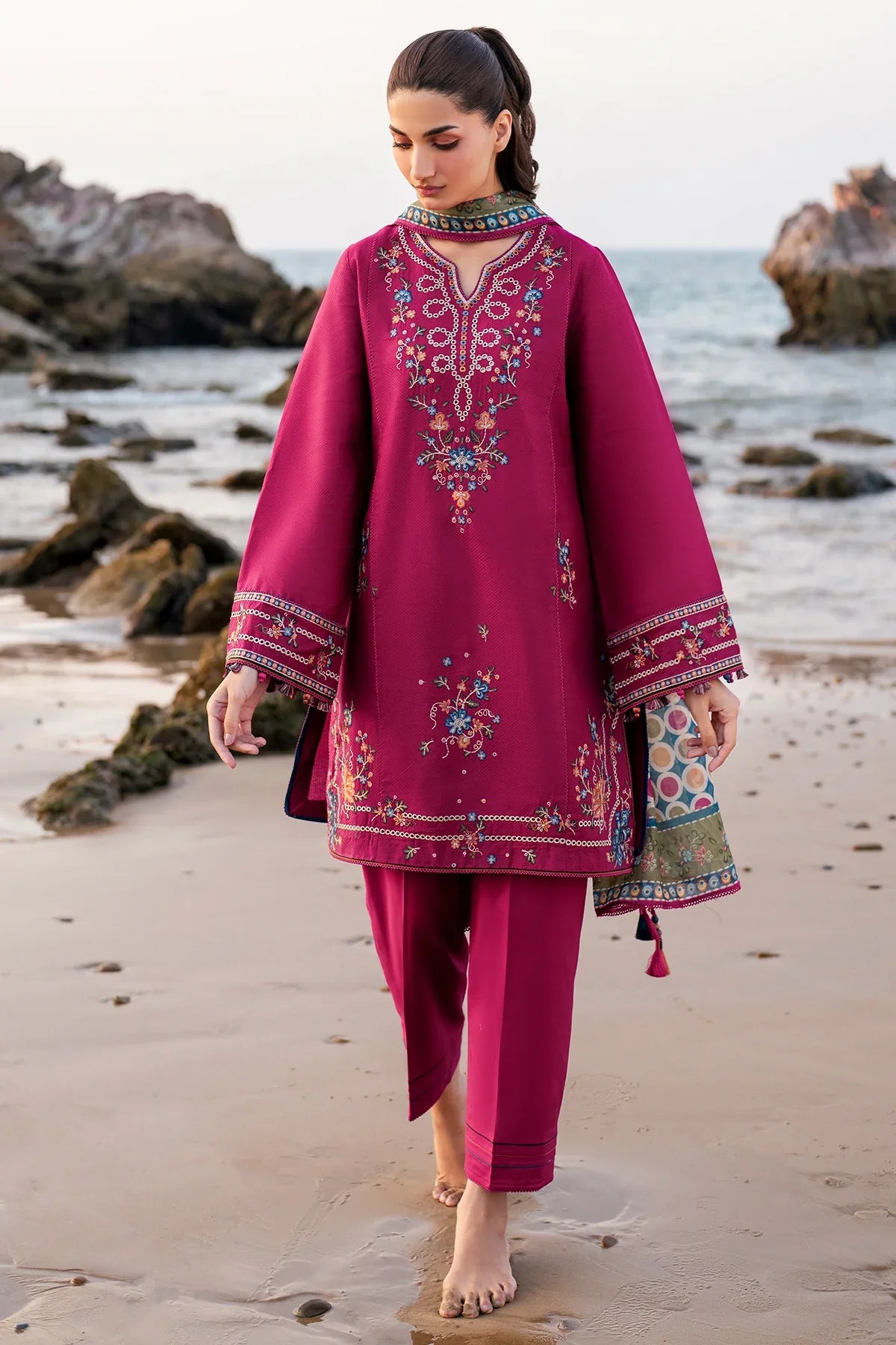 JAZMIN - 3PC DHANAK EMBROIDERED SHIRT WITH TWILL PRINTED SHAWL AND TROUSER - HZG2354