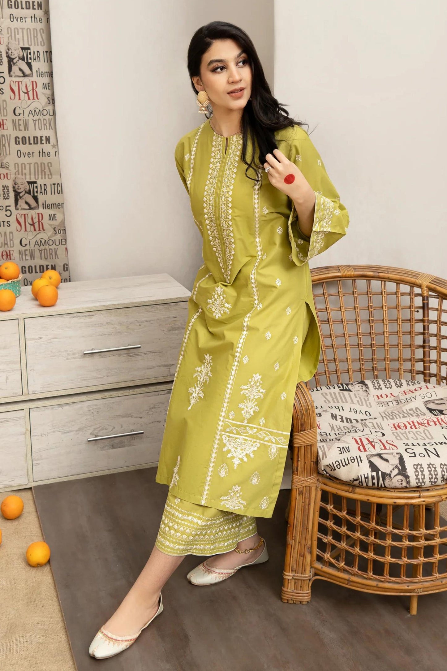 URGE - 3PC DHANAK EMBROIDERED SHIRT WITH TWILL PRINTED SHAWL AND EMBROIDERED TROUSER - HZG2357