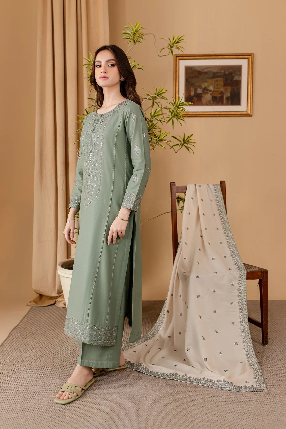 BATIK - 3PC DHANAK EMBROIDERED SHIRT WITH DHANAK EMBROIDERED SHAWL AND TROUSER - HZG1479