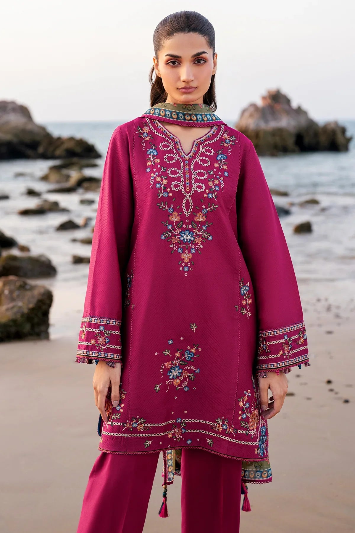 JAZMIN - 3PC DHANAK EMBROIDERED SHIRT WITH TWILL PRINTED SHAWL AND TROUSER - HZG2354