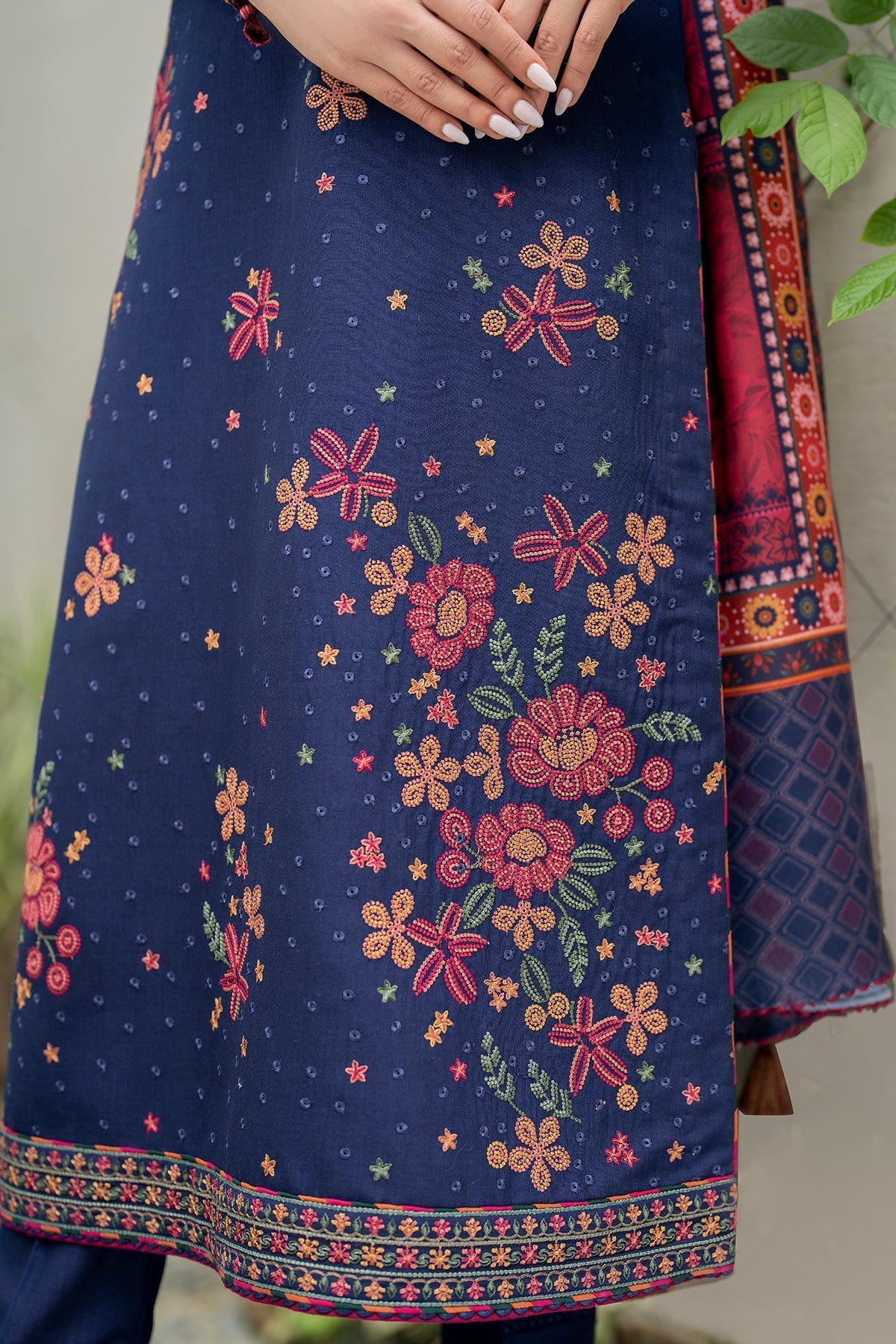 JAZMIN - 3PC KHADDAR EMBROIDERED SHIRT WITH TWILL PRINTED SHAWL AND TROUSER - HZG1828