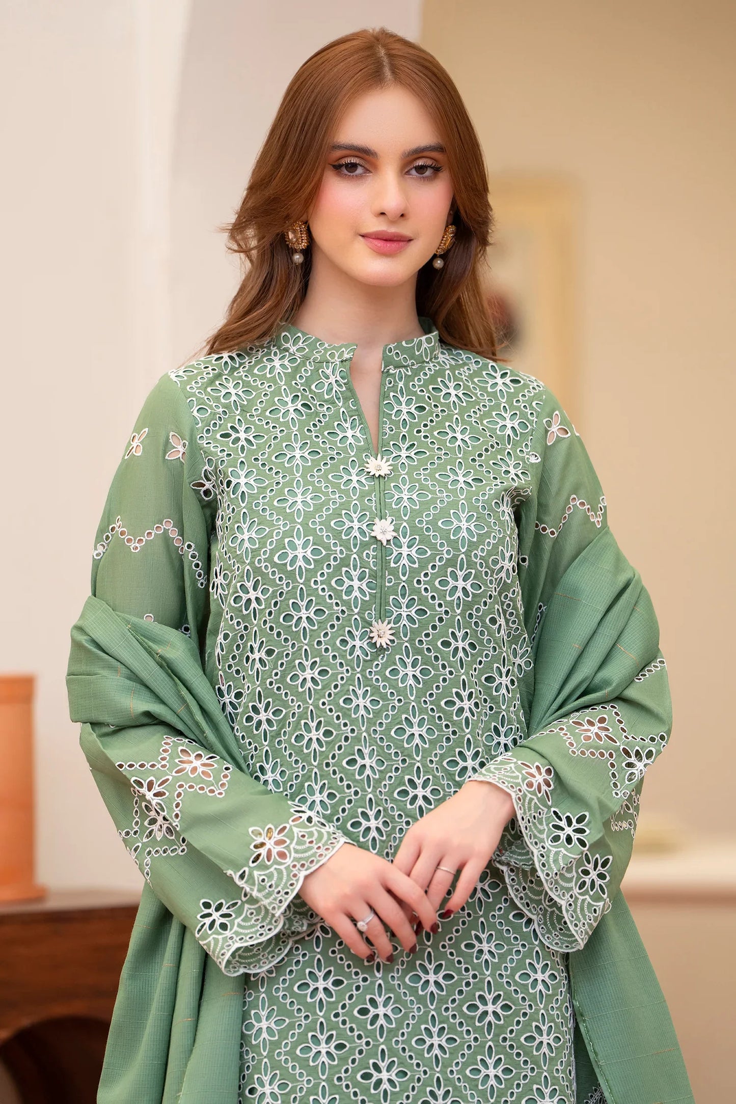 MIRAKHI - 3PC LAWN CHIKANKAARI EMBROIDERED SHIRT WITH LAWN TUBE SLUB DUPATTA AND TROUSER - HZG2234