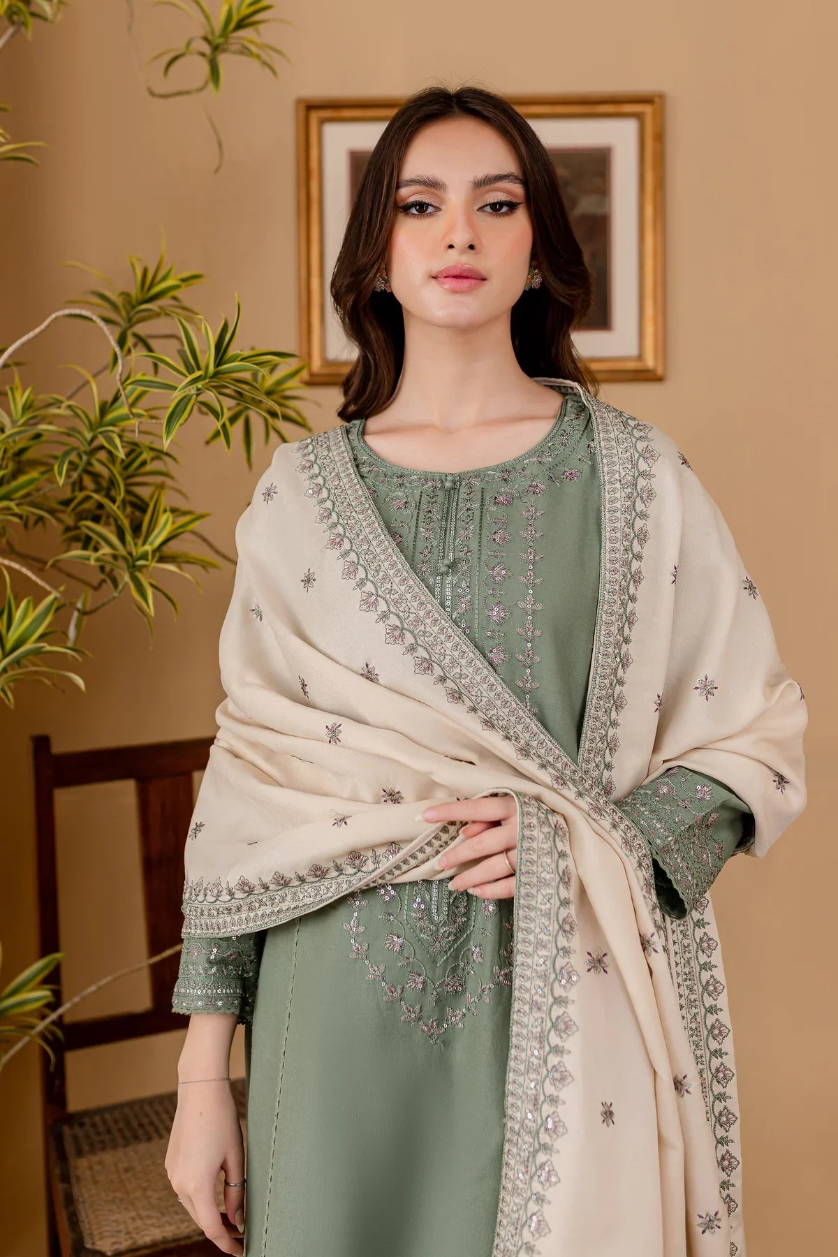BATIK - 3PC DHANAK EMBROIDERED SHIRT WITH DHANAK EMBROIDERED SHAWL AND TROUSER - HZG1479