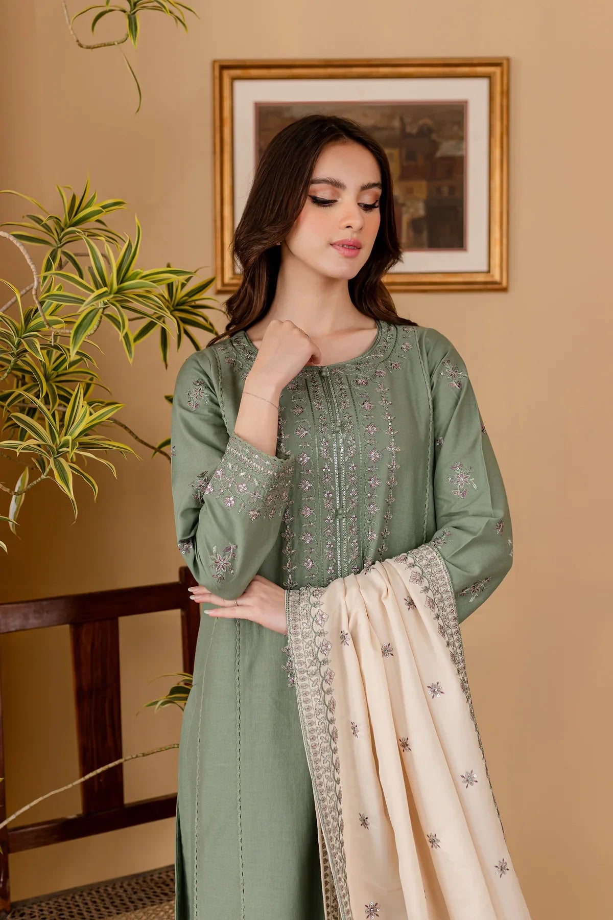 BATIK - 3PC DHANAK EMBROIDERED SHIRT WITH DHANAK EMBROIDERED SHAWL AND TROUSER - HZG1479