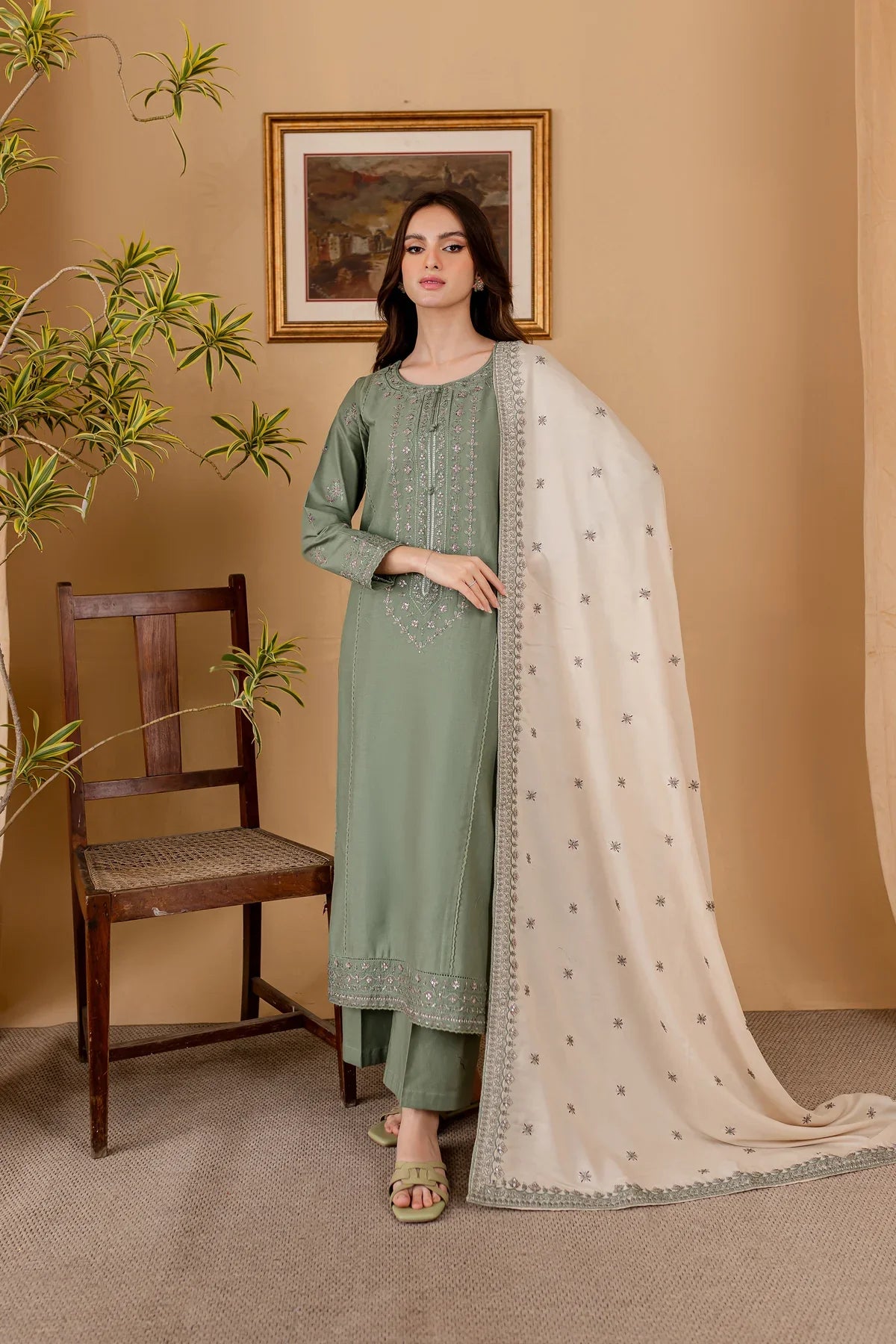 BATIK - 3PC DHANAK EMBROIDERED SHIRT WITH DHANAK EMBROIDERED SHAWL AND TROUSER - HZG1479