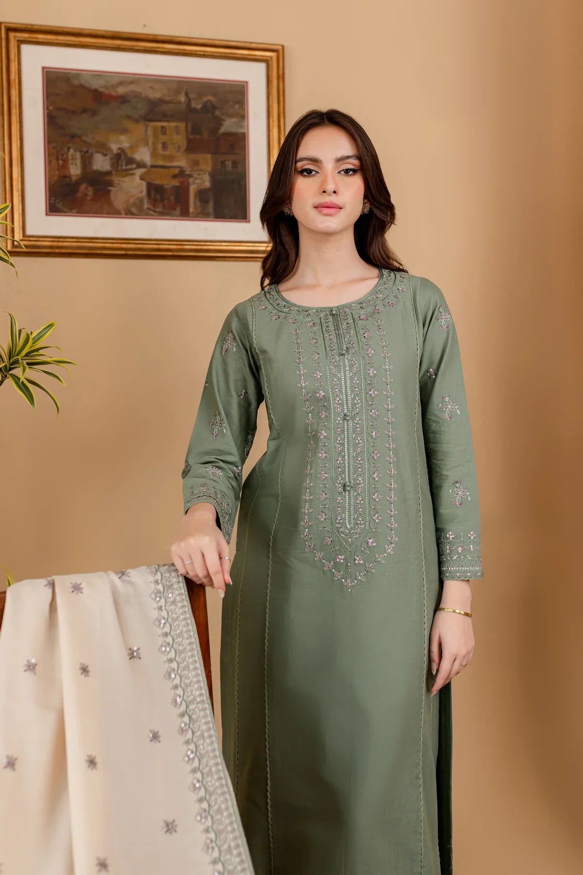 BATIK - 3PC DHANAK EMBROIDERED SHIRT WITH DHANAK EMBROIDERED SHAWL AND TROUSER - HZG1479
