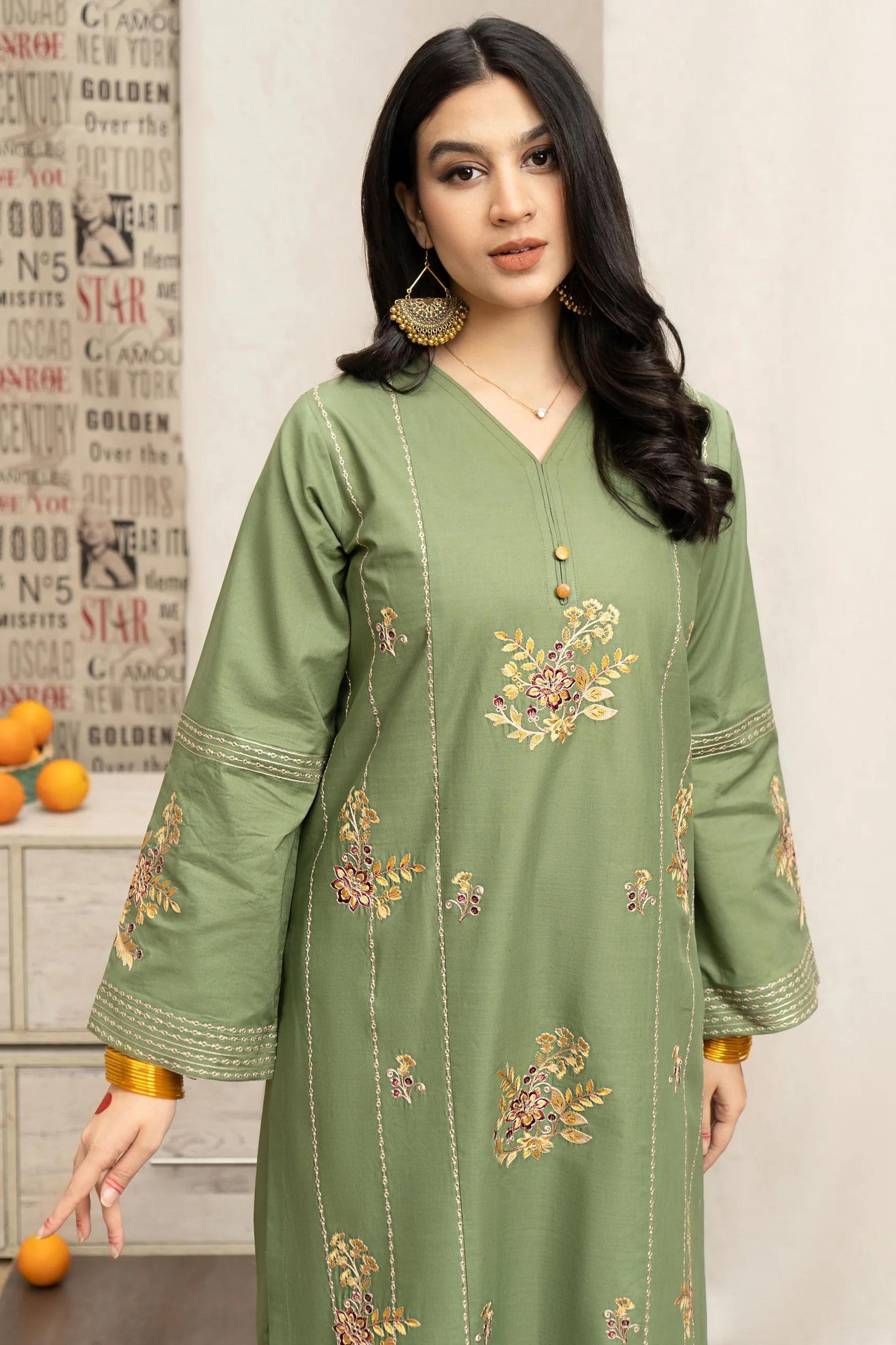 URGE - 3PC DHANAK EMBROIDERED SHIRT WITH TWILL PRINTED SHAWL AND EMBROIDERED TROUSER - HZG2356