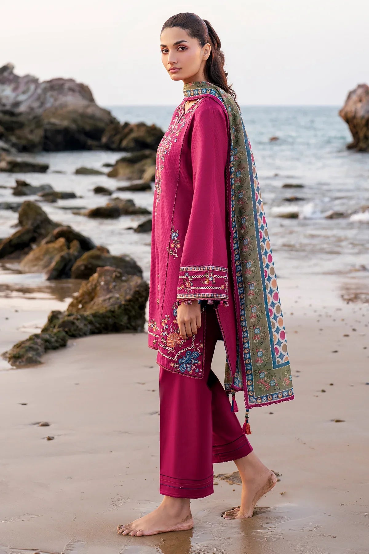 JAZMIN - 3PC DHANAK EMBROIDERED SHIRT WITH TWILL PRINTED SHAWL AND TROUSER - HZG2354