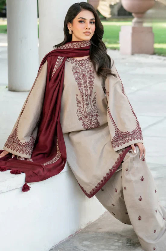 JAZMIN - 3PC DHANAK EMBROIDERED SHIRT WITH DHANAK EMBROIDERED SHAWL AND TROUSER - HZU2524