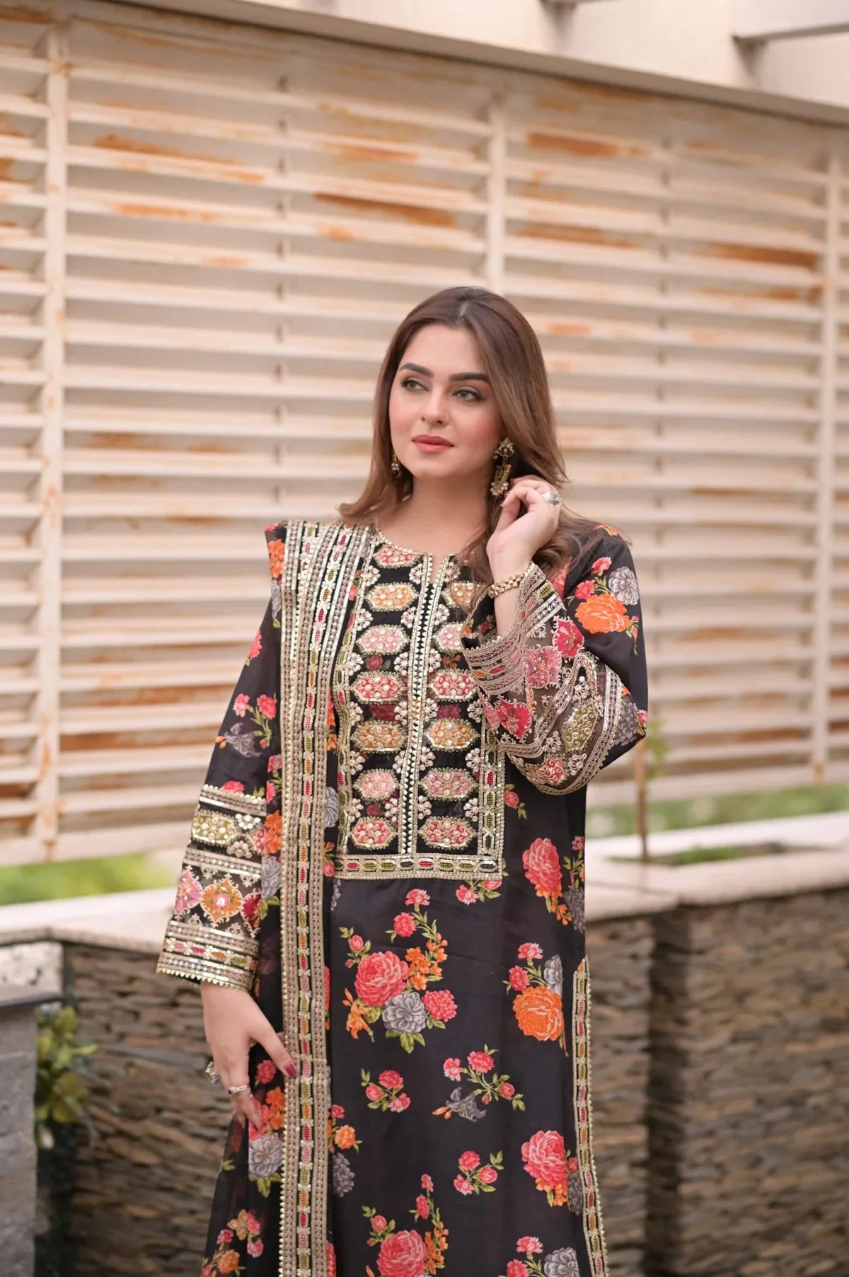 BAROQUE - 3PC SHAMOZE SILK PRINTED EMBROIDERED SHIRT WITH SILK PRINTED EMBROIDERED DUPATTA AND TROUSER - HZU2498