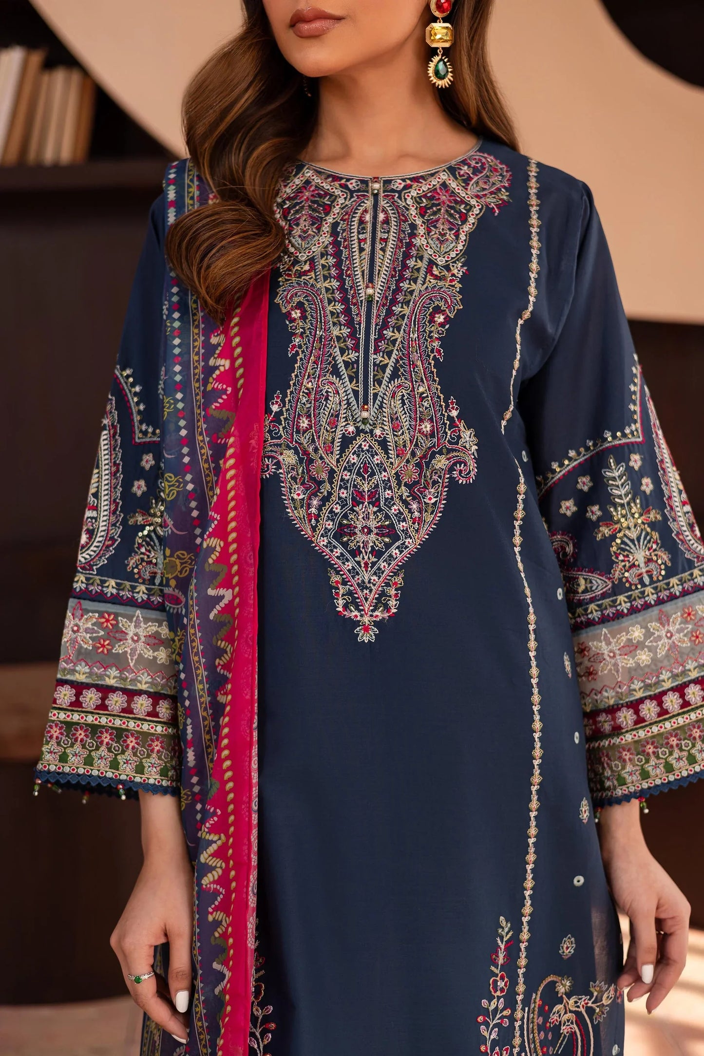 BATIK - 3PC DHANAK EMBROIDERED SHIRT WITH TWILL PRINTED SHAWL AND TROUSER - HZG2417