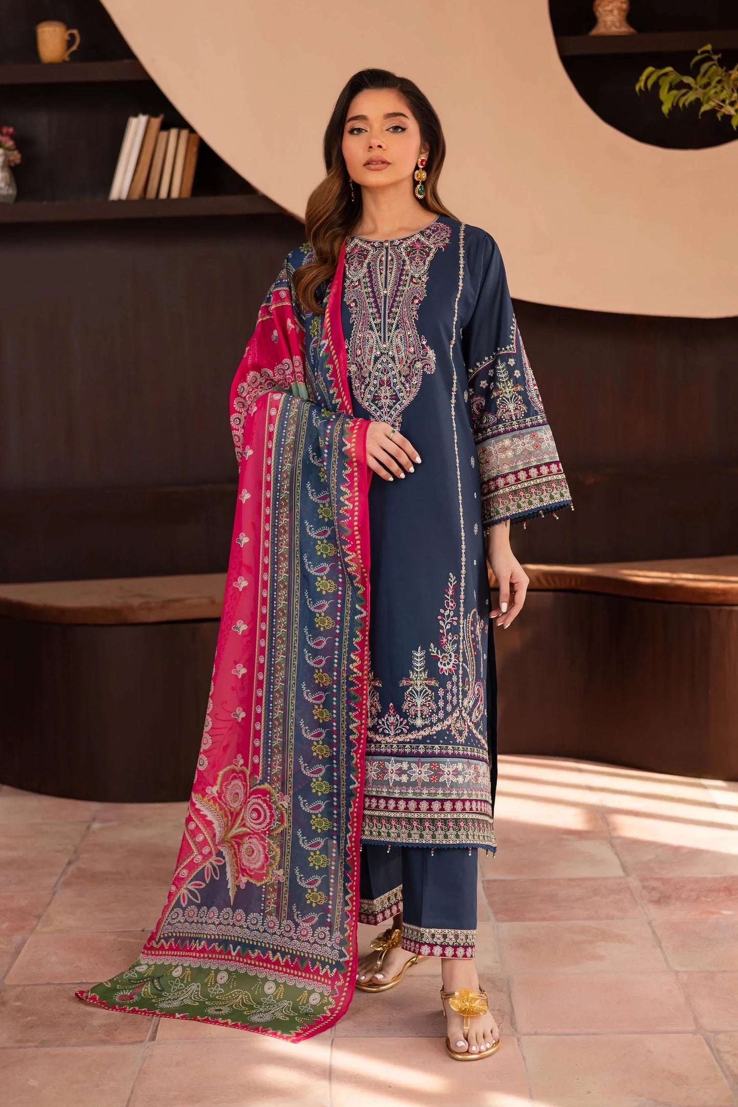 BATIK - 3PC DHANAK EMBROIDERED SHIRT WITH TWILL PRINTED SHAWL AND TROUSER - HZG2417