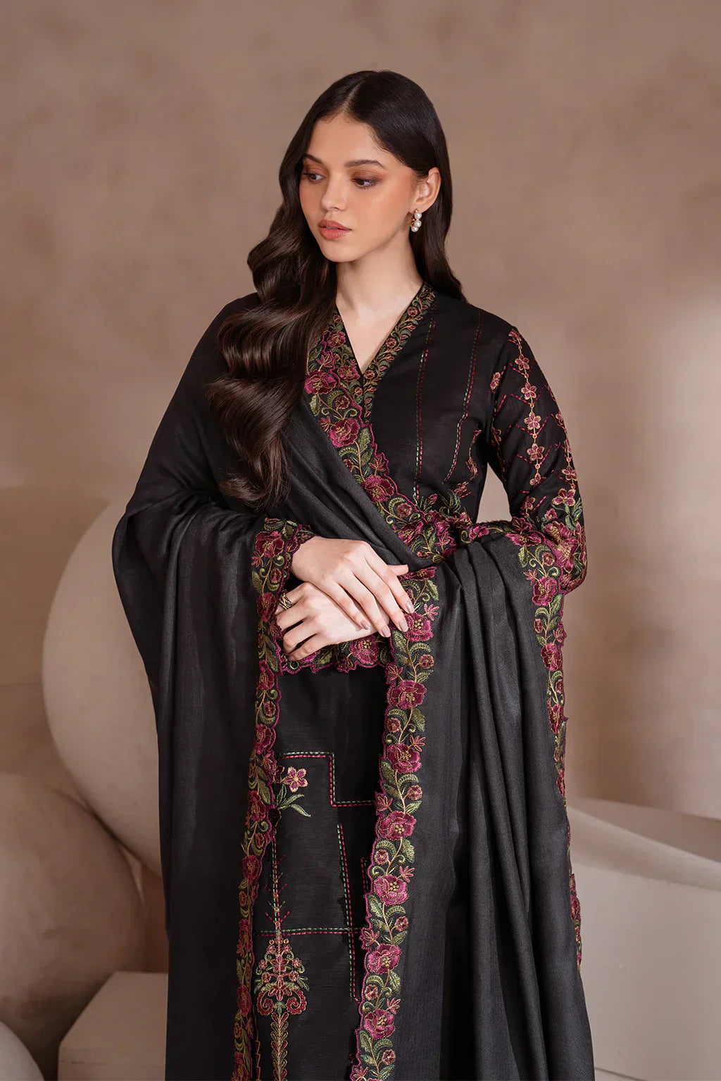 IZNIK - 3PC DHANAK EMBROIDERED SHIRT WITH CHIFFON EMBROIDERED DUPATTA AND TROUSER - HZG2041