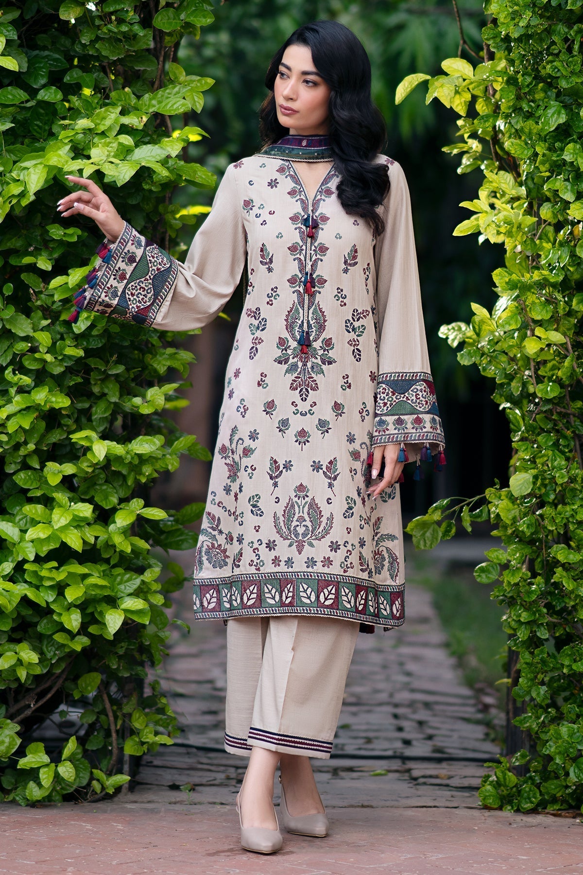 JAZMIN - 3PC DHANAK EMBROIDERED SHIRT WITH TWILL PRINTED SHAWL AND TROUSER - HZG1882
