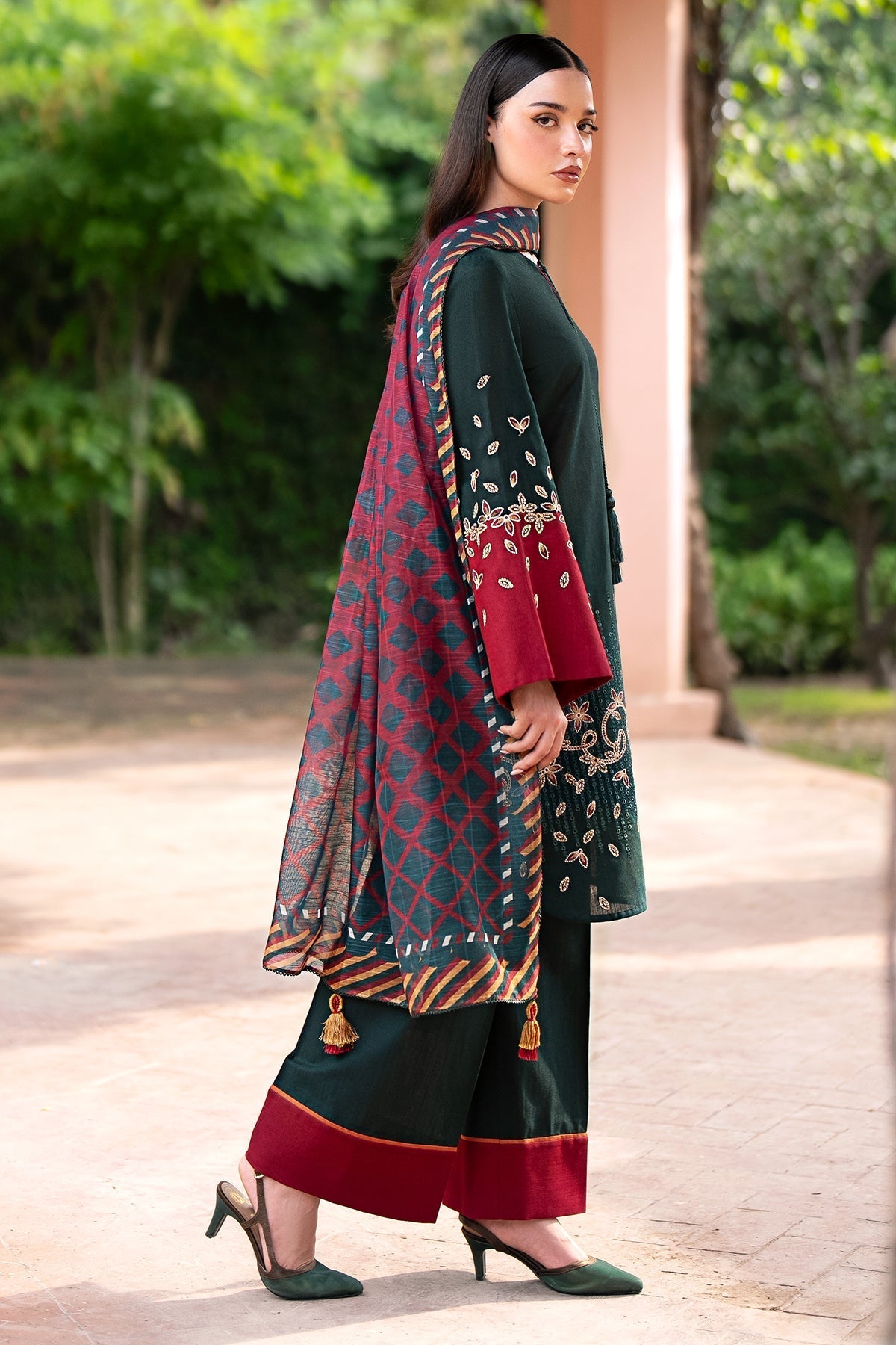 JAZMIN - 3PC DHANAK EMBROIDERED SHIRT WITH TWILL PRINTED SHAWL AND TROUSER - HZG1829