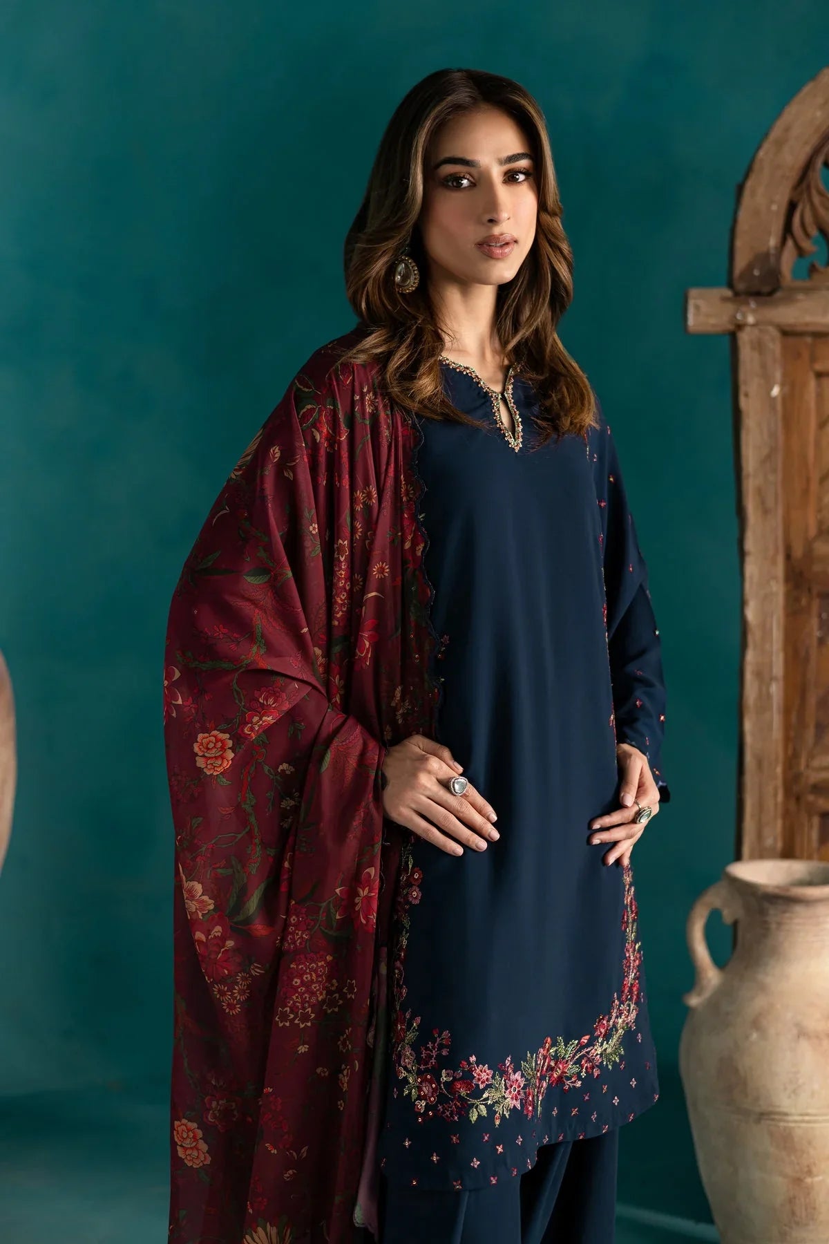 BATIK - 3PC DHANAK EMBROIDERED SHIRT WITH TWILL PRINTED SHAWL AND TROUSER - HZU2432