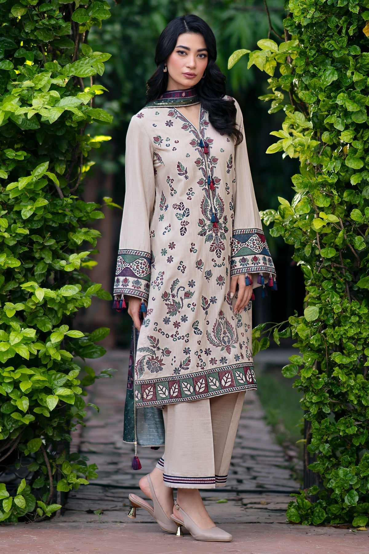 JAZMIN - 3PC DHANAK EMBROIDERED SHIRT WITH TWILL PRINTED SHAWL AND TROUSER - HZG1882