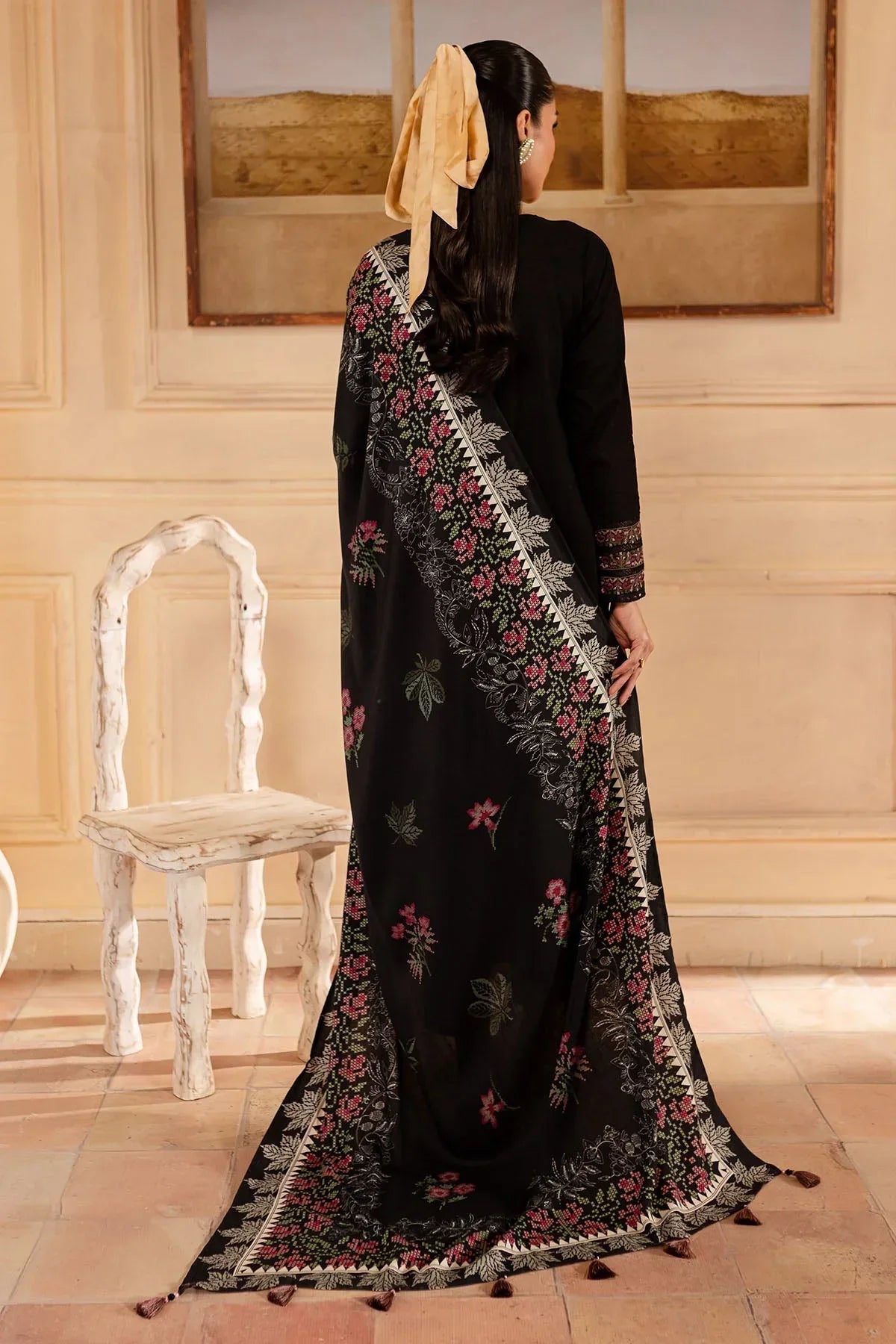 NUREH - 3PC DHANAK EMBROIDERED SHIRT WITH TWILL PRINTED SHAWL AND TROUSER - HZG2546