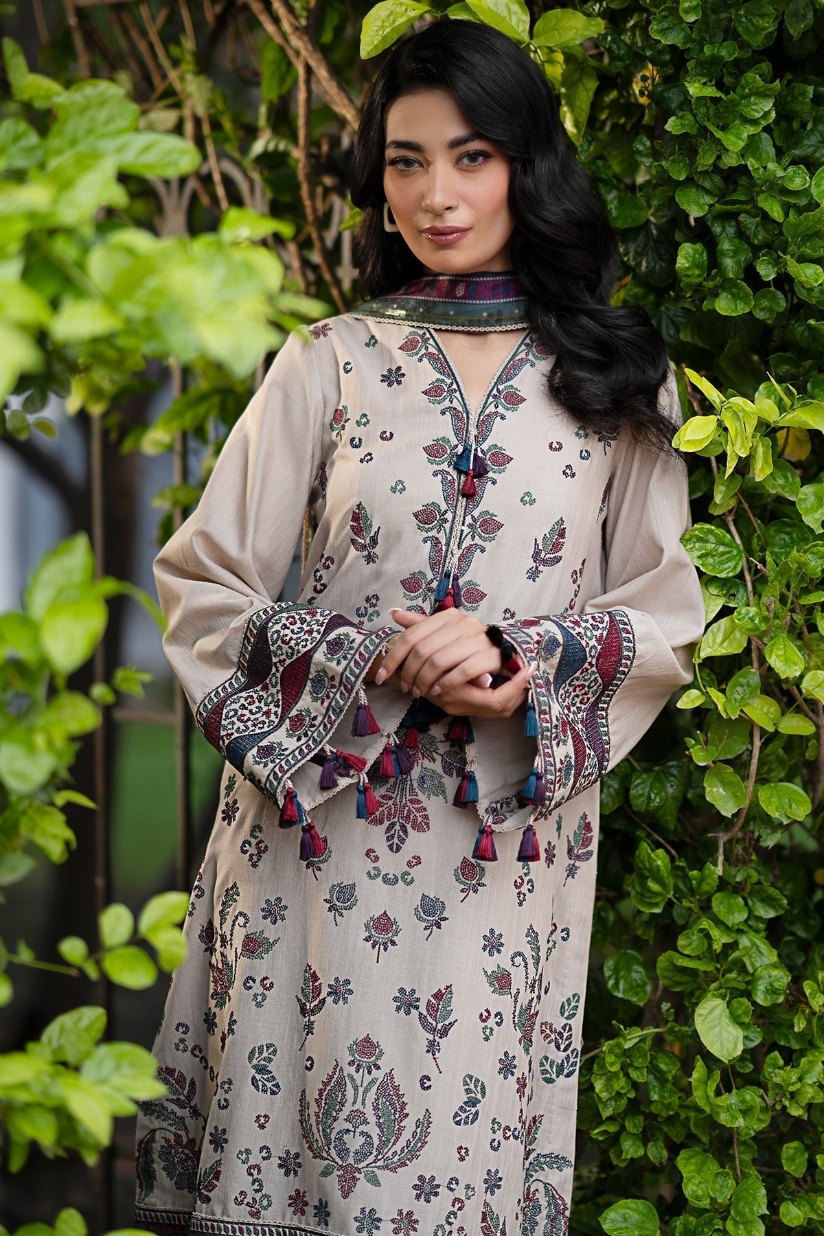 JAZMIN - 3PC DHANAK EMBROIDERED SHIRT WITH TWILL PRINTED SHAWL AND TROUSER - HZG1882