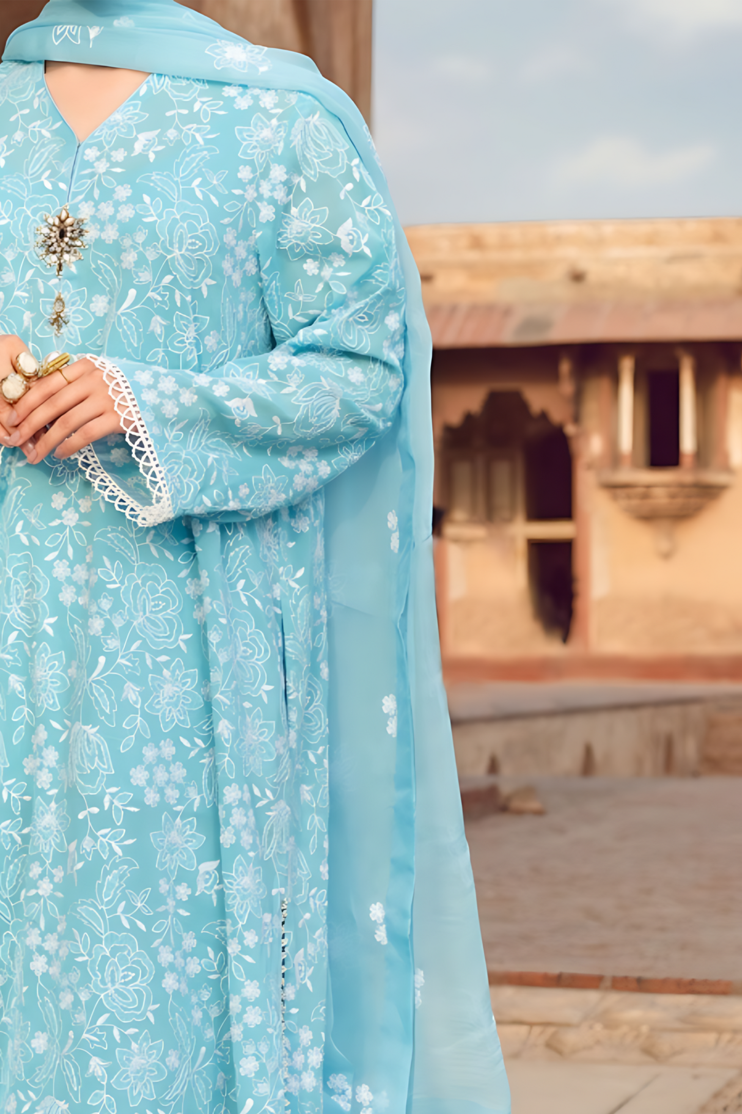 MARIA B - 3PC DHANAK EMBROIDERED SHIRT WITH CHIFFON EMBROIDERED DUPATTA AND TROUSER - HZG2349