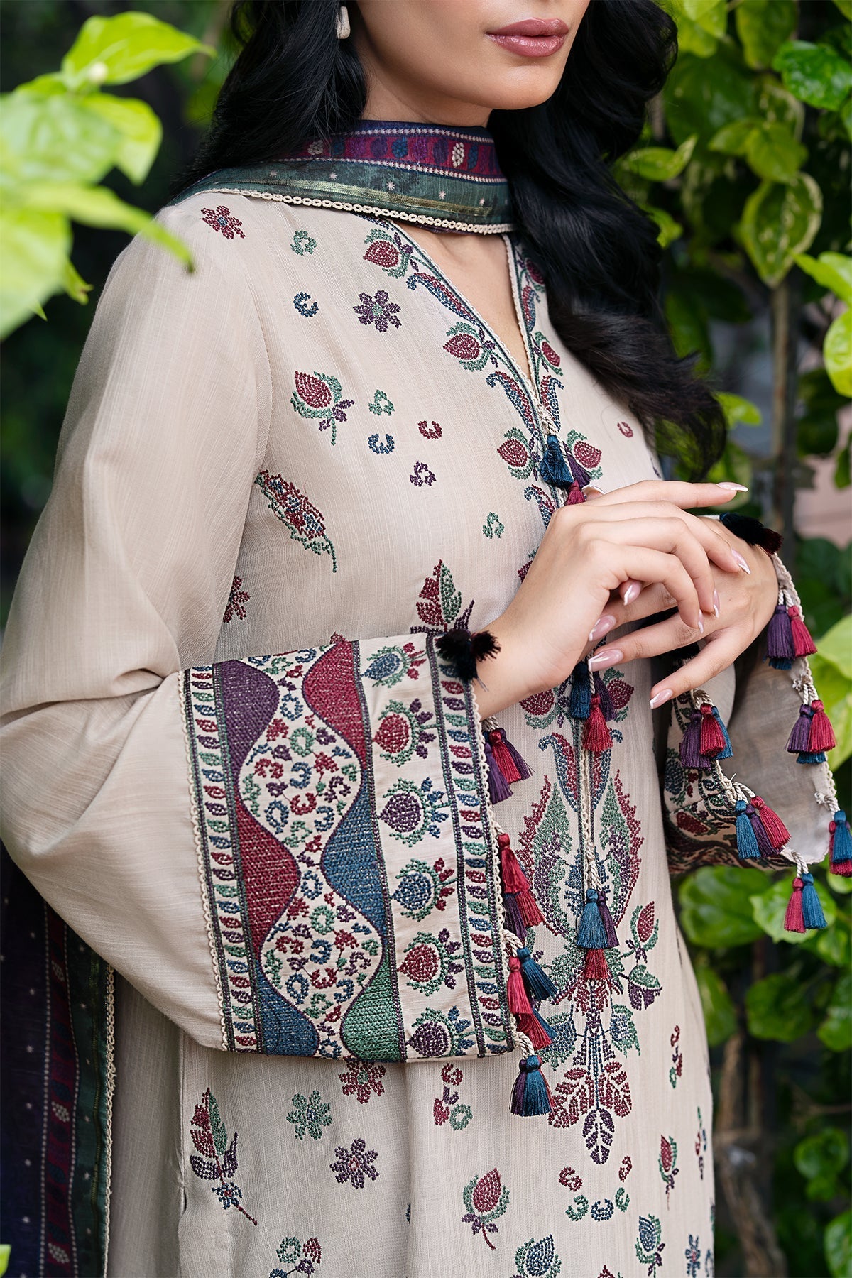 JAZMIN - 3PC DHANAK EMBROIDERED SHIRT WITH TWILL PRINTED SHAWL AND TROUSER - HZG1882