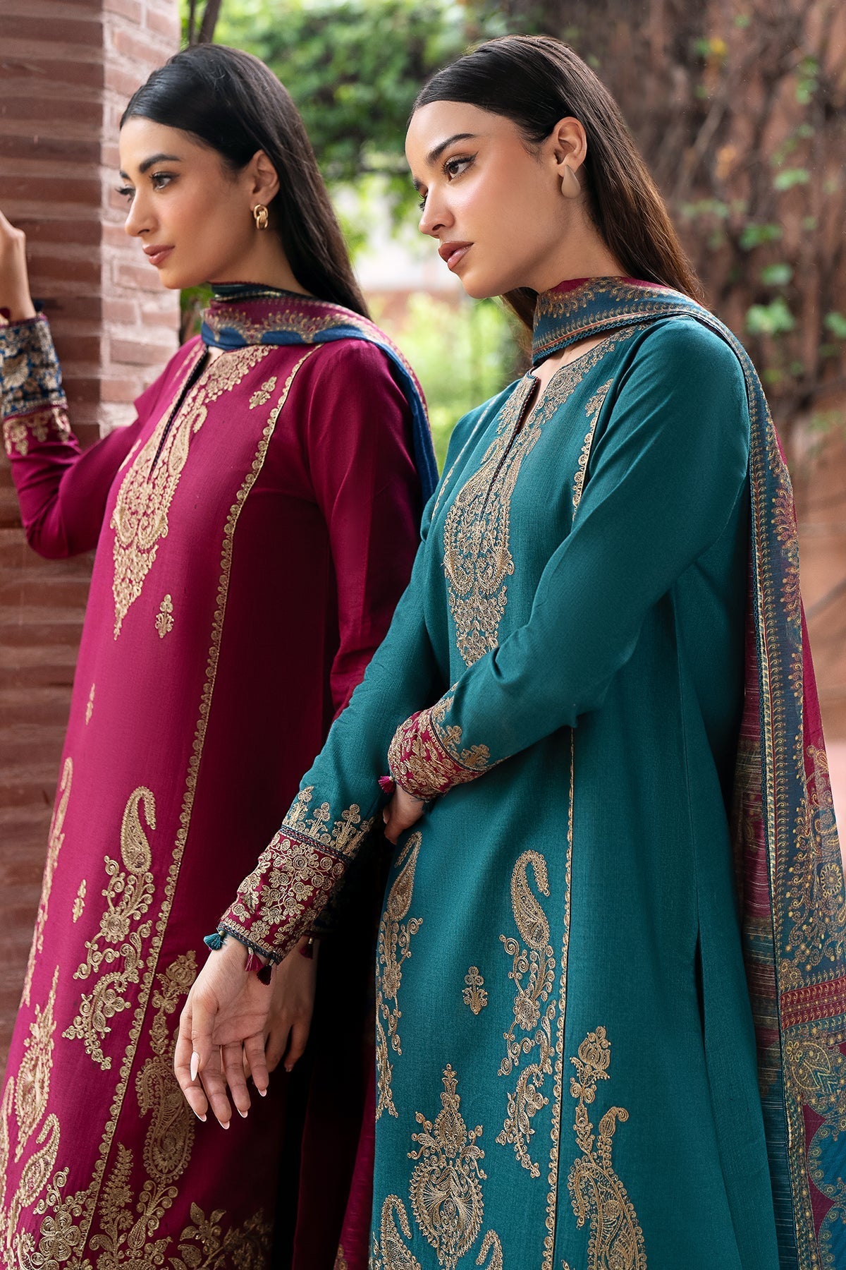 JAZMIN - 3PC KHADDAR EMBROIDERED SHIRT WITH PRINTED TWILL SHAWL AND TROUSER - HZG1798