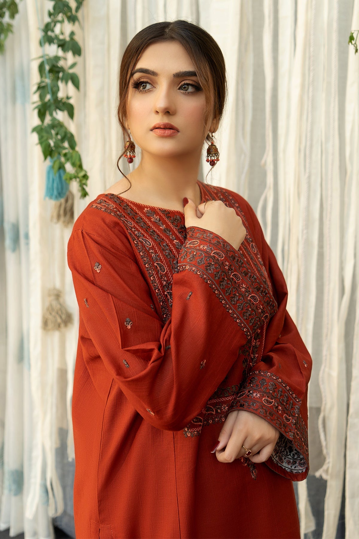 URGE - 3PC DHANAK EMBROIDERED SHIRT WITH TWILL PRINTED SHAWL AND TROUSER - HZG2355