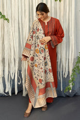URGE - 3PC DHANAK EMBROIDERED SHIRT WITH TWILL PRINTED SHAWL AND TROUSER - HZG2355