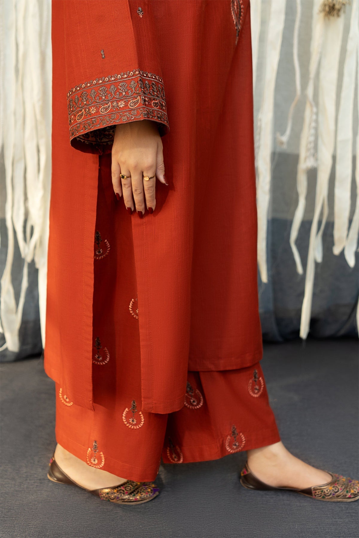 URGE - 3PC DHANAK EMBROIDERED SHIRT WITH TWILL PRINTED SHAWL AND TROUSER - HZG2355