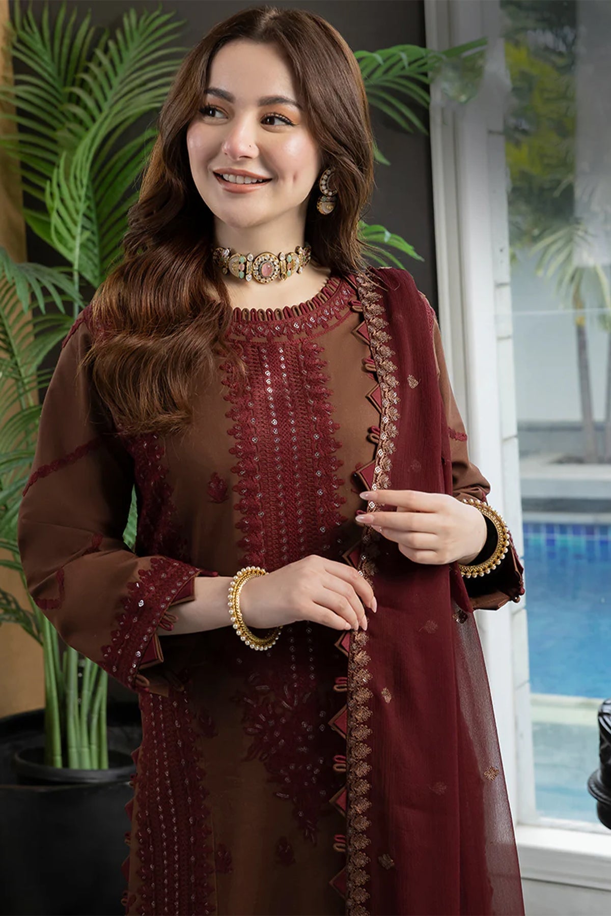 ASIM JOFA - 3PC DHANAK SEQUIN EMBROIDERED SHIRT WITH DHANAK EMBROIDERED SHAWL AND TROUSER - HZG1619