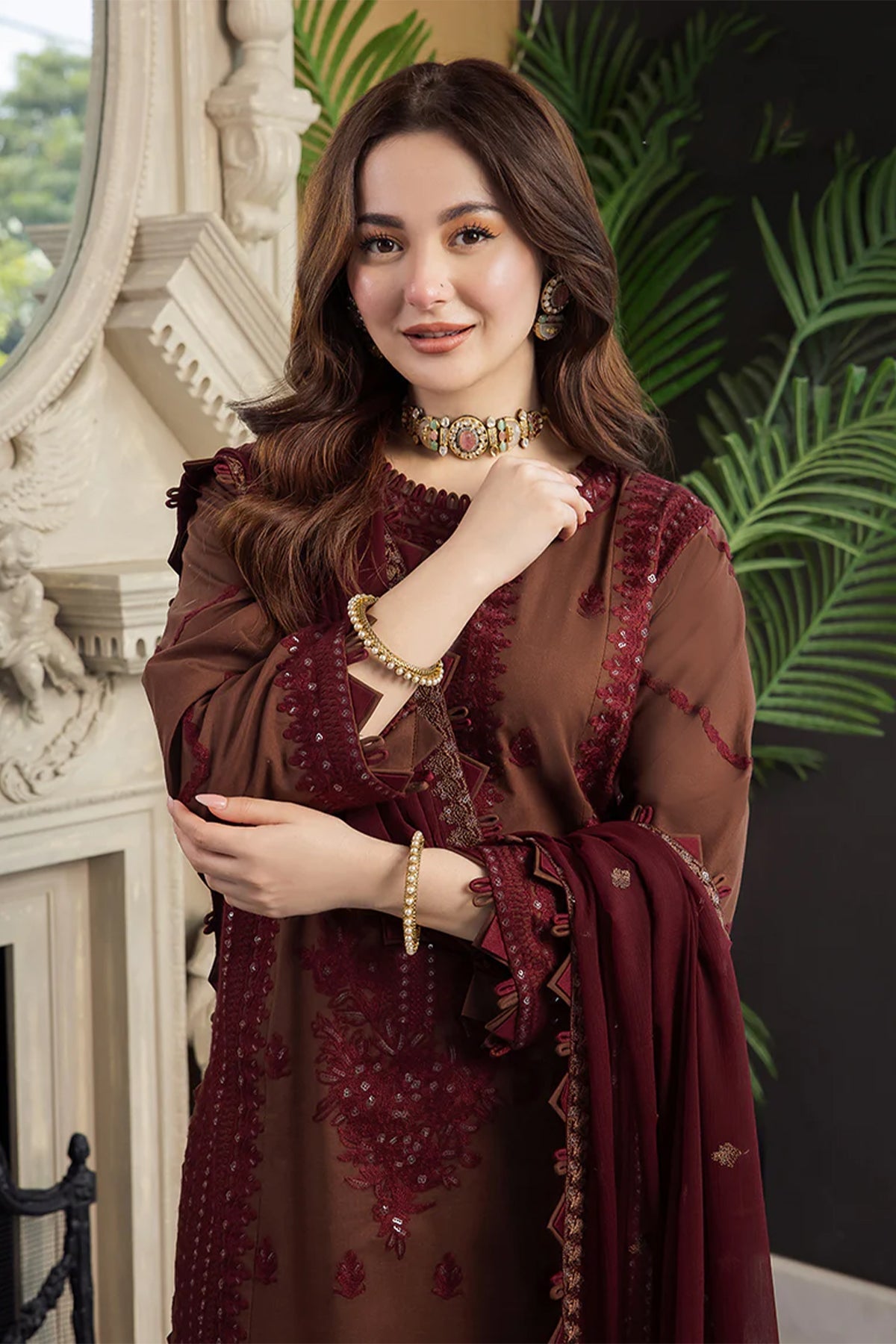 ASIM JOFA - 3PC DHANAK SEQUIN EMBROIDERED SHIRT WITH DHANAK EMBROIDERED SHAWL AND TROUSER - HZG1619
