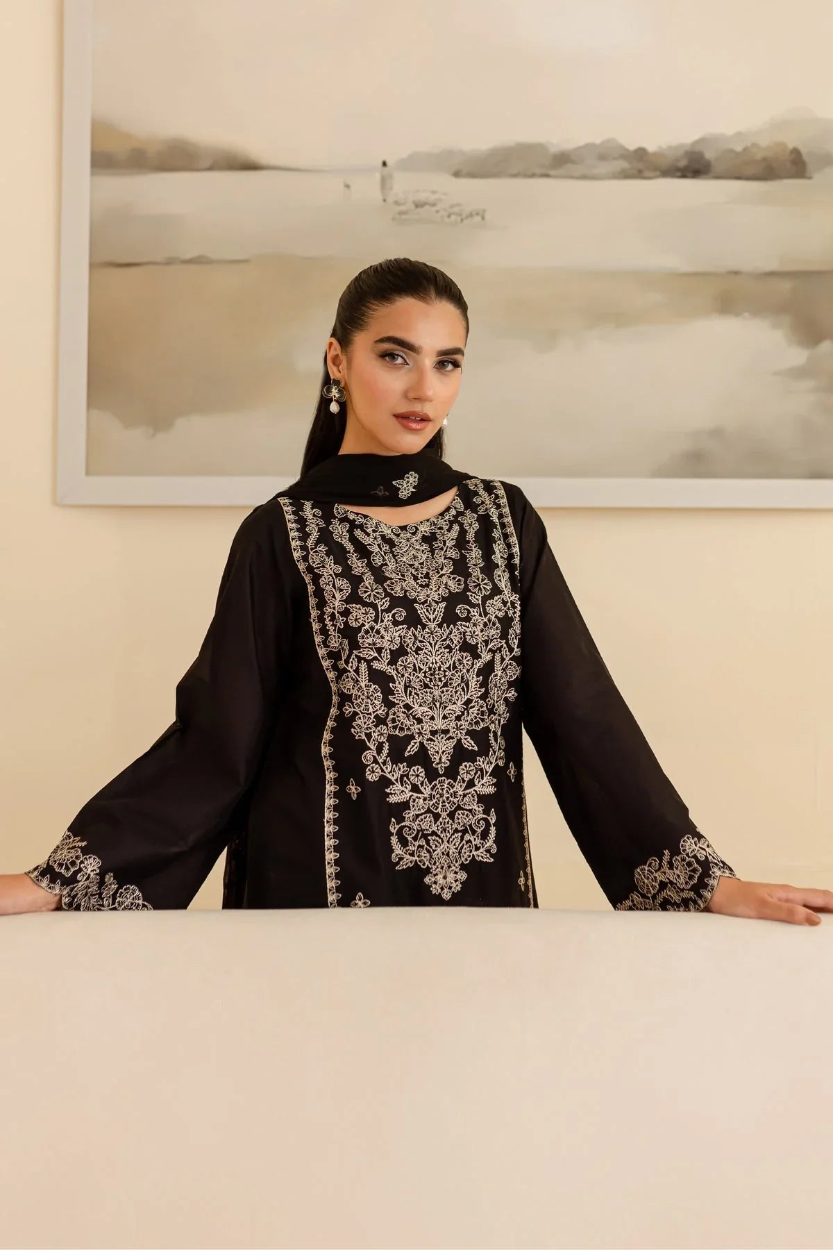 BATIK - 3PC DHANAK EMBROIDERED SHIRT WITH CHIFFON EMBROIDERED DUPATTA AND TROUSER - HZU2495