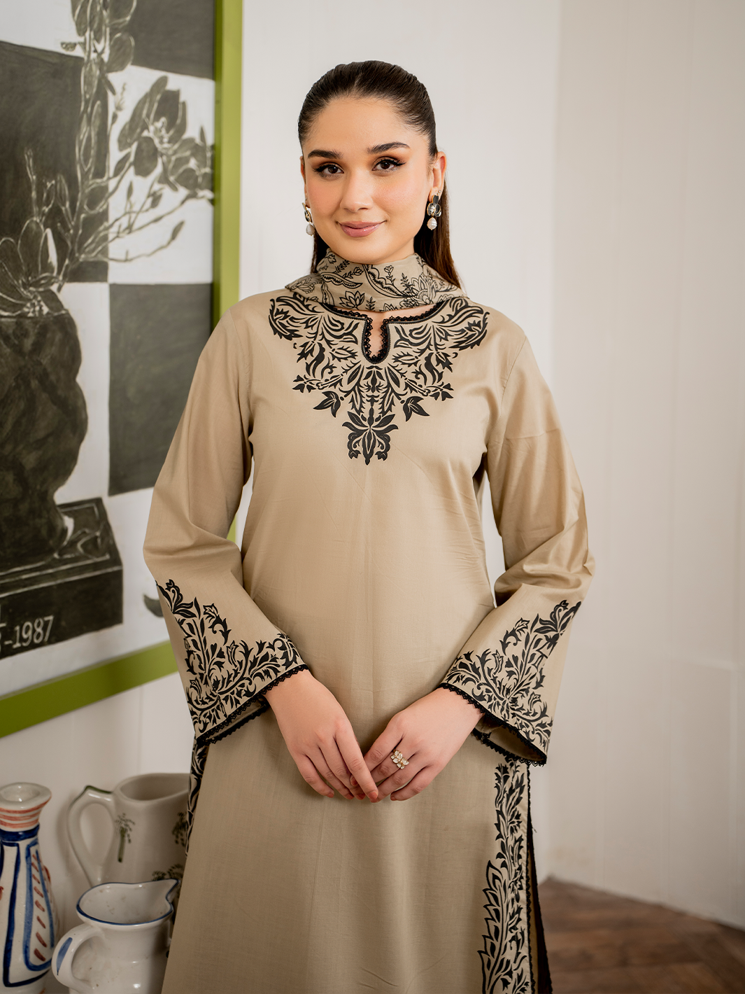 GARNET - 3PC DHANAK EMBROIDERED SHIRT WITH TWILL PRINTED SHAWL AND TROUSER - HZG1822