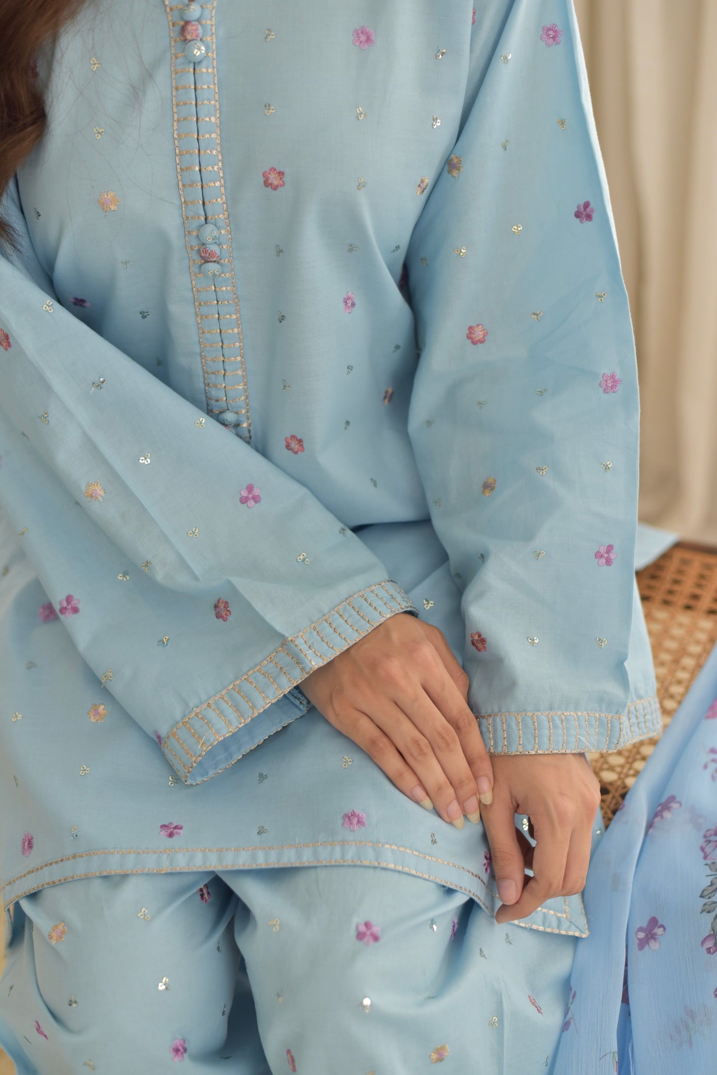 AISLING - 3PC DHANAK EMBROIDERED SHIRT WITH CHIFFON PRINTED DUPATTA AND TROUSER - HZU2533