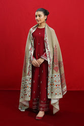 URGE - 3PC DHANAK EMBROIDERED SHIRT WITH TWILL PRINTED SHAWL AND TROUSER - HZG1951