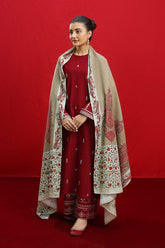 URGE - 3PC DHANAK EMBROIDERED SHIRT WITH TWILL PRINTED SHAWL AND TROUSER - HZG1951