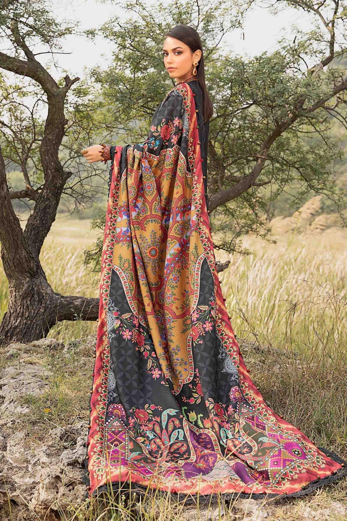 MARIA B - 3PC DHANAK EMBROIDERED SHIRT WITH TWILL PRINTED SHAWL AND TROUSER - HZG2061